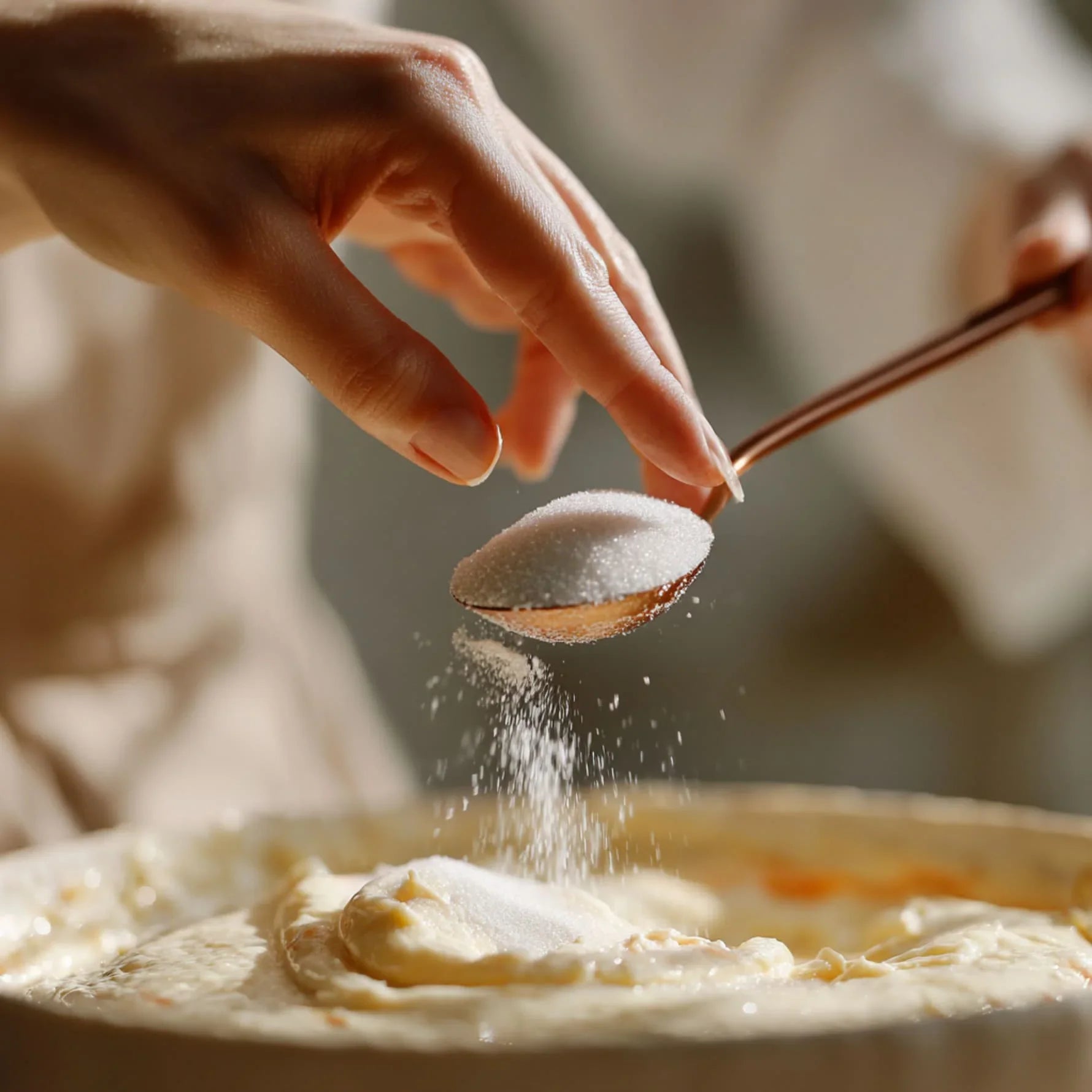 Close-up of a hand sprinkling white sugar replacement from a spoon onto cake batter in a baking dish for bakers secret white sugar replacement product page.