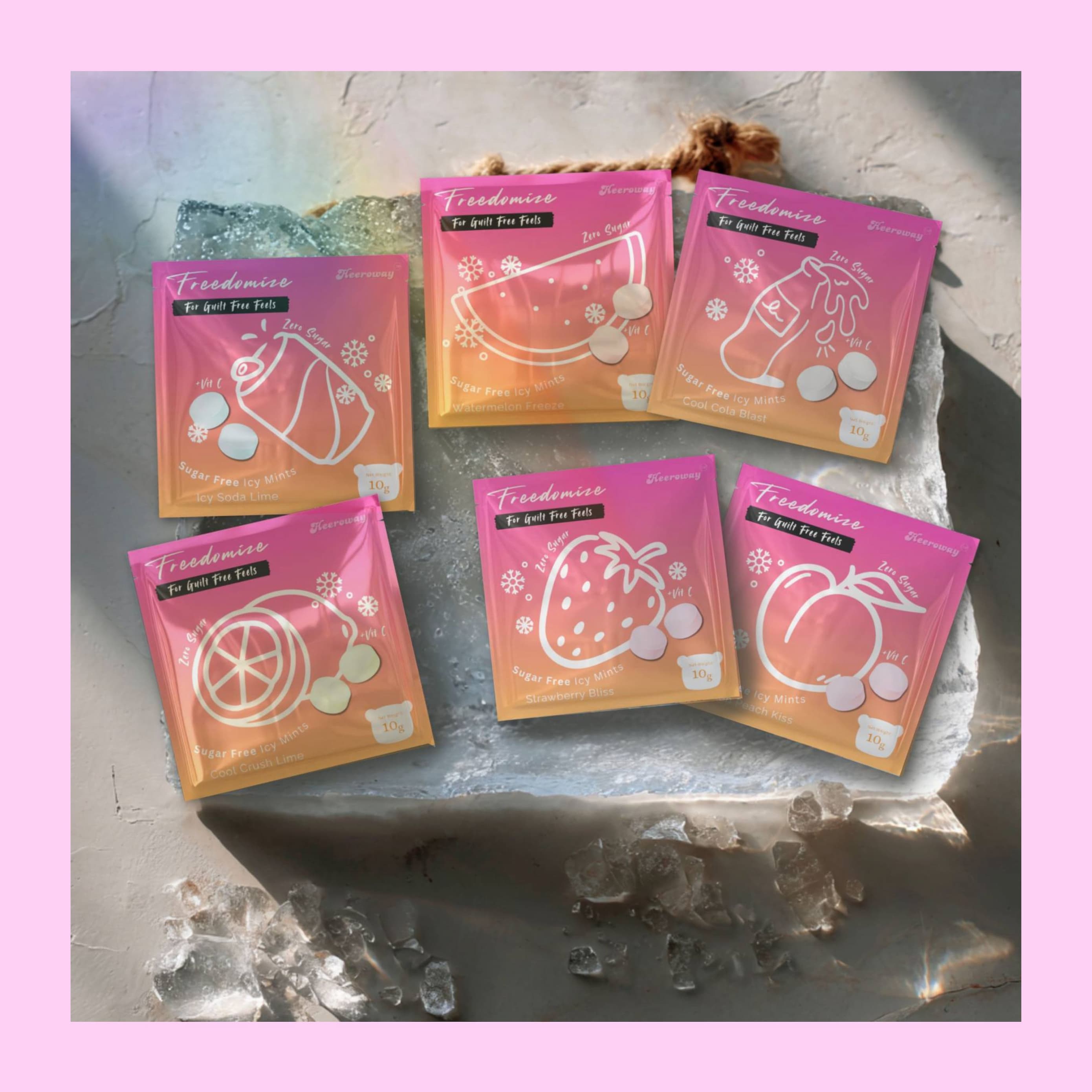 Freedomize sugar free icy mints in assorted flavors displayed on ice with a pink border.