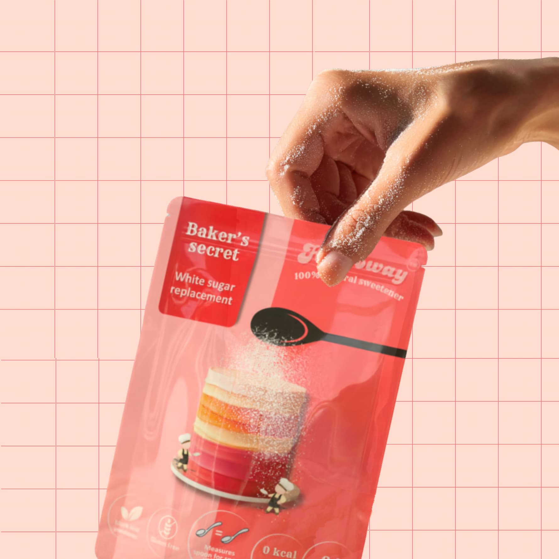 close-up of hand holding heeroway baker’s secret white sugar replacement pouch with sweetner dust on fingers against pink grid background