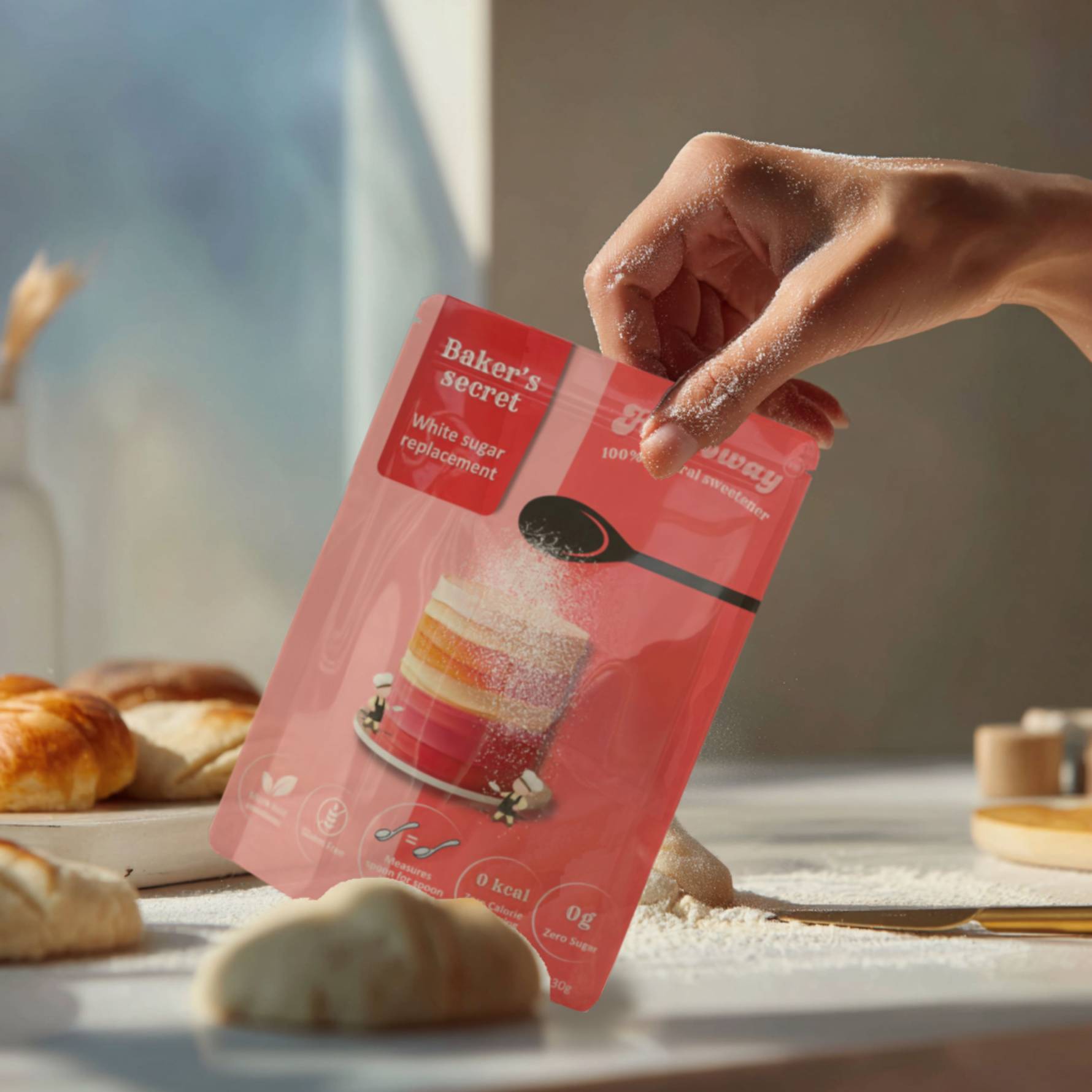 Hand sprinkling Baker’s Secret white sugar replacement over croissants while baking in a sunlit kitchen.