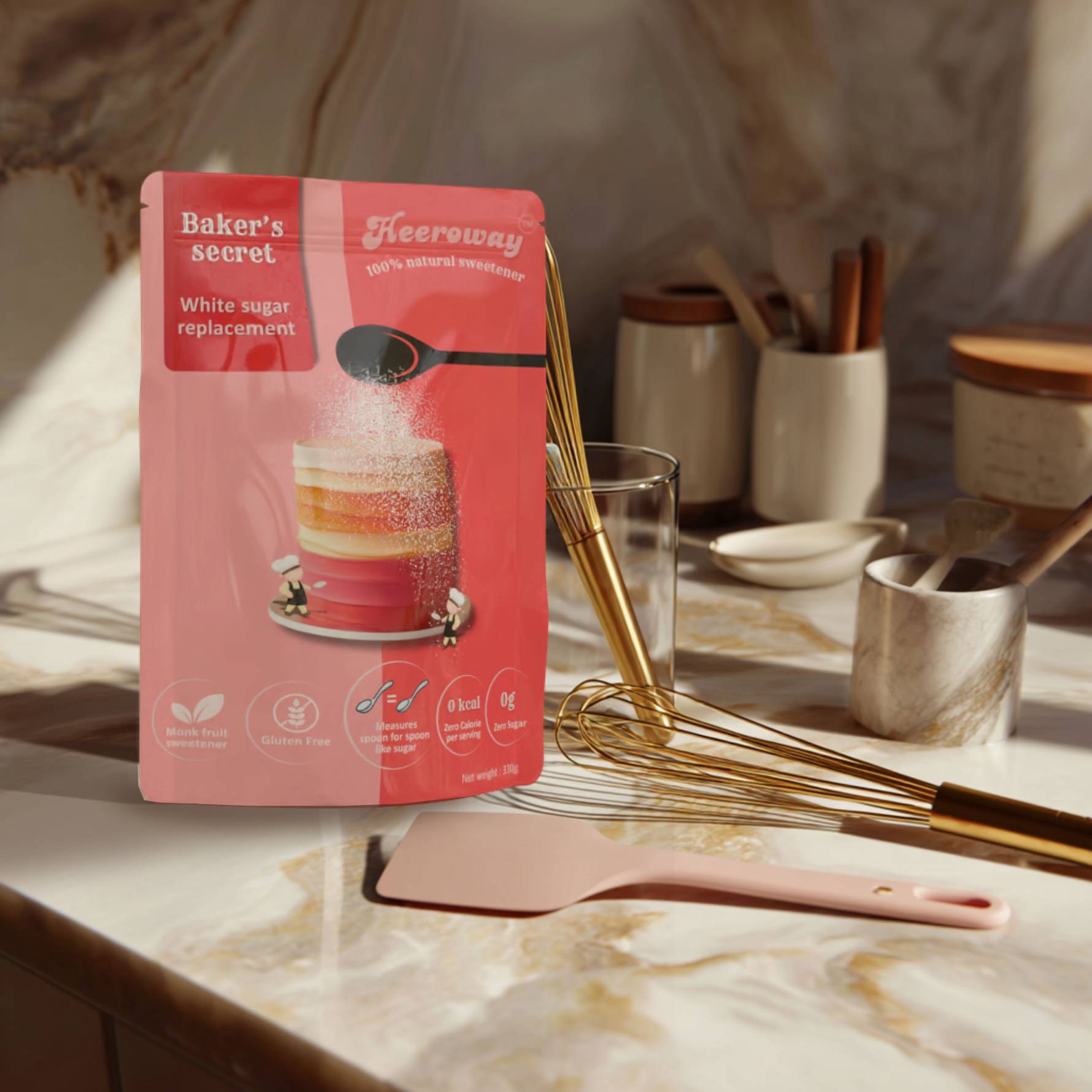 heeroway baker’s secret white sugar replacement packaging on marble kitchen counter with whisk, spatula and baking tools in background