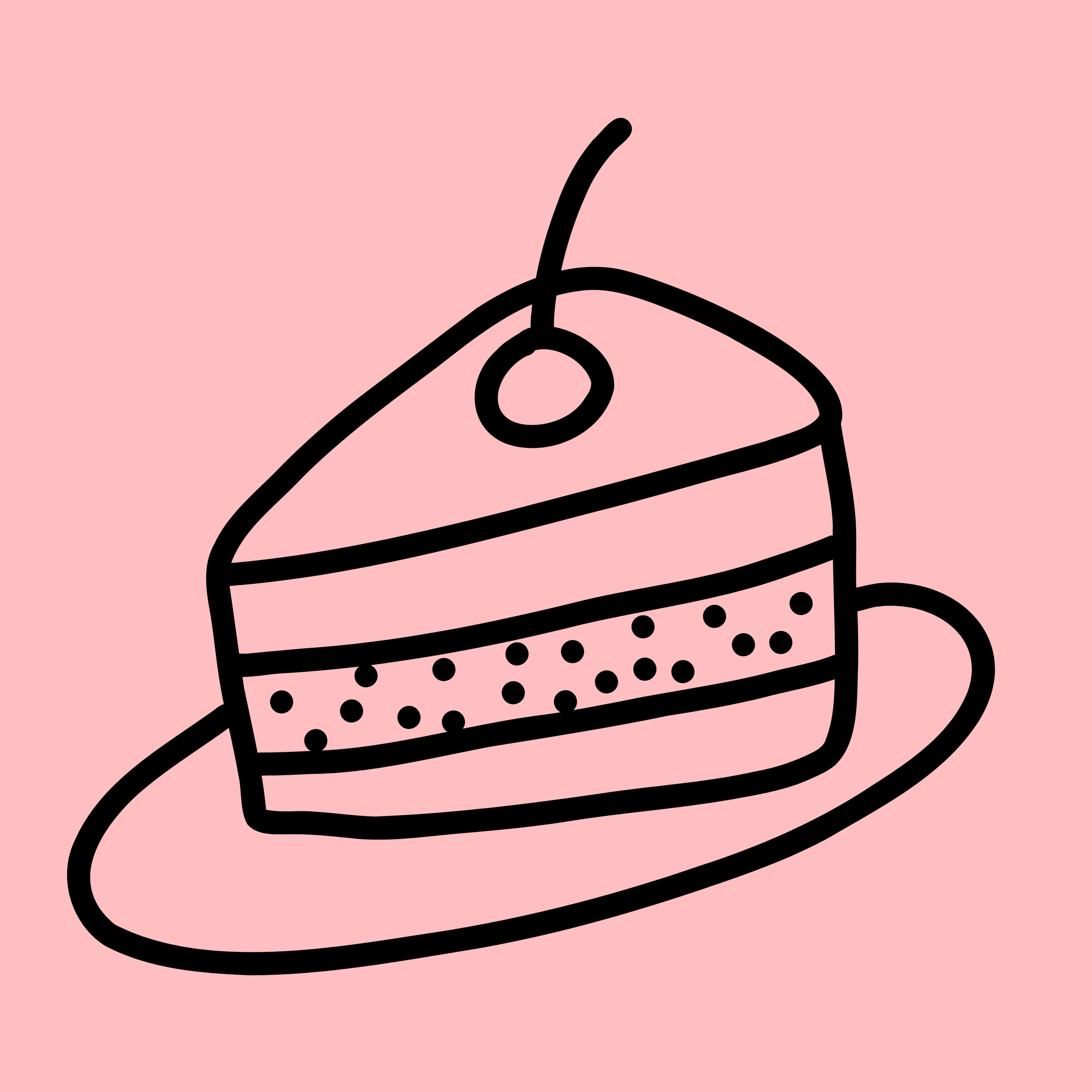 Black line icon of a slice of cake with a cherry on top, on a pink background, representing cakes made with sugar replacement.