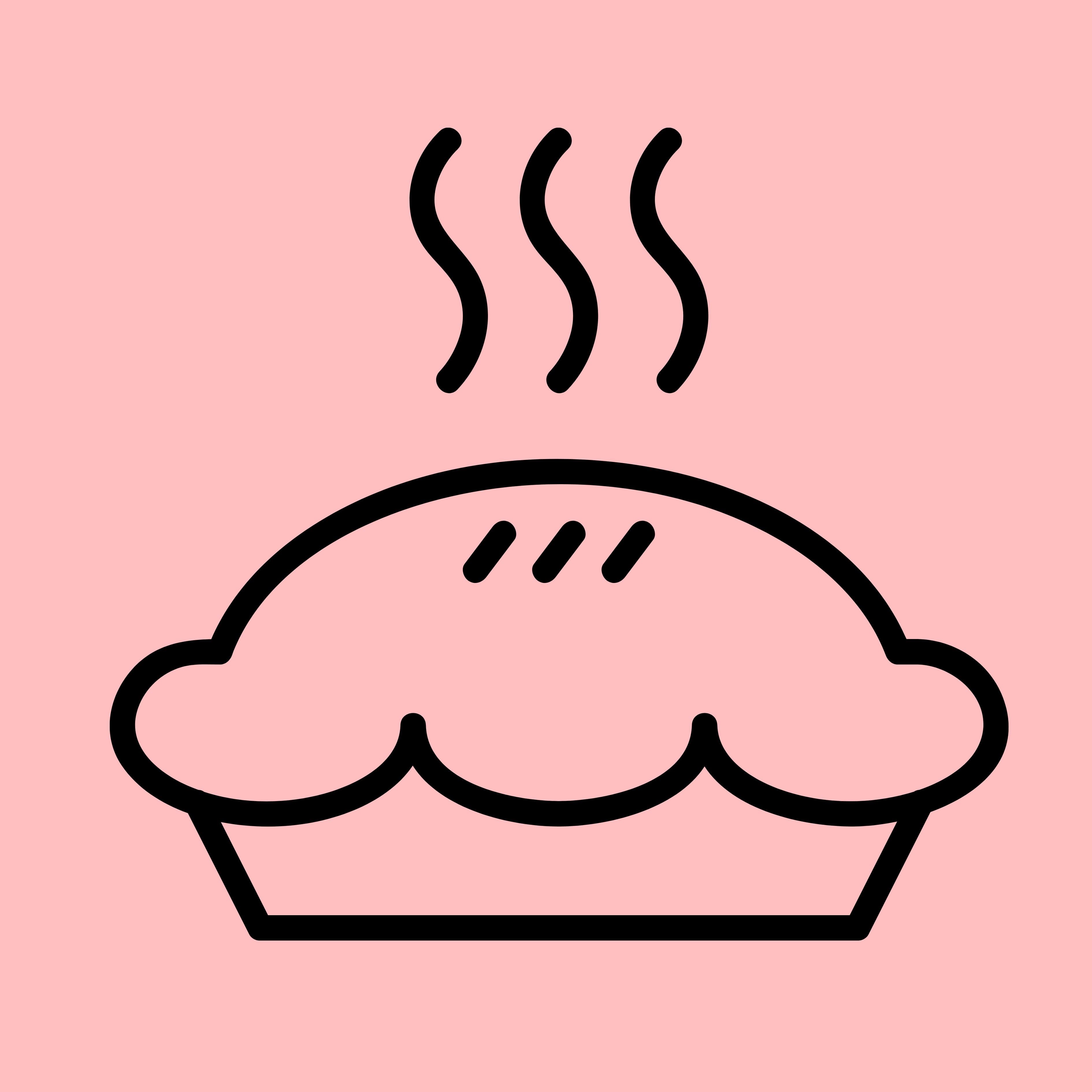 Black line icon of a steaming pie on a pink background, representing baking with sugar replacement.