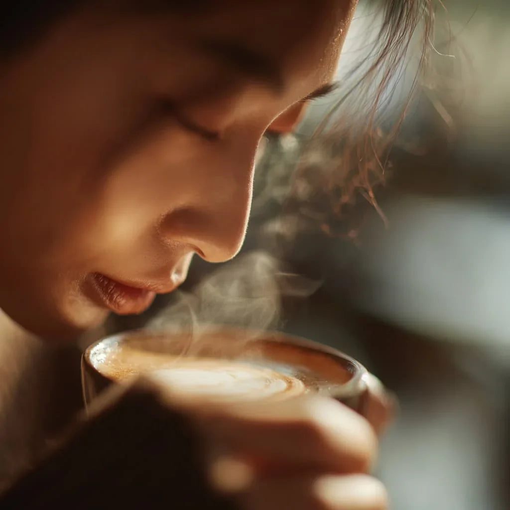 Close-up of a woman enjoying the aroma of a steaming latte, highlighting the cozy experience associated with Heeroway Barista’s Secret drinks sugar replacement.
