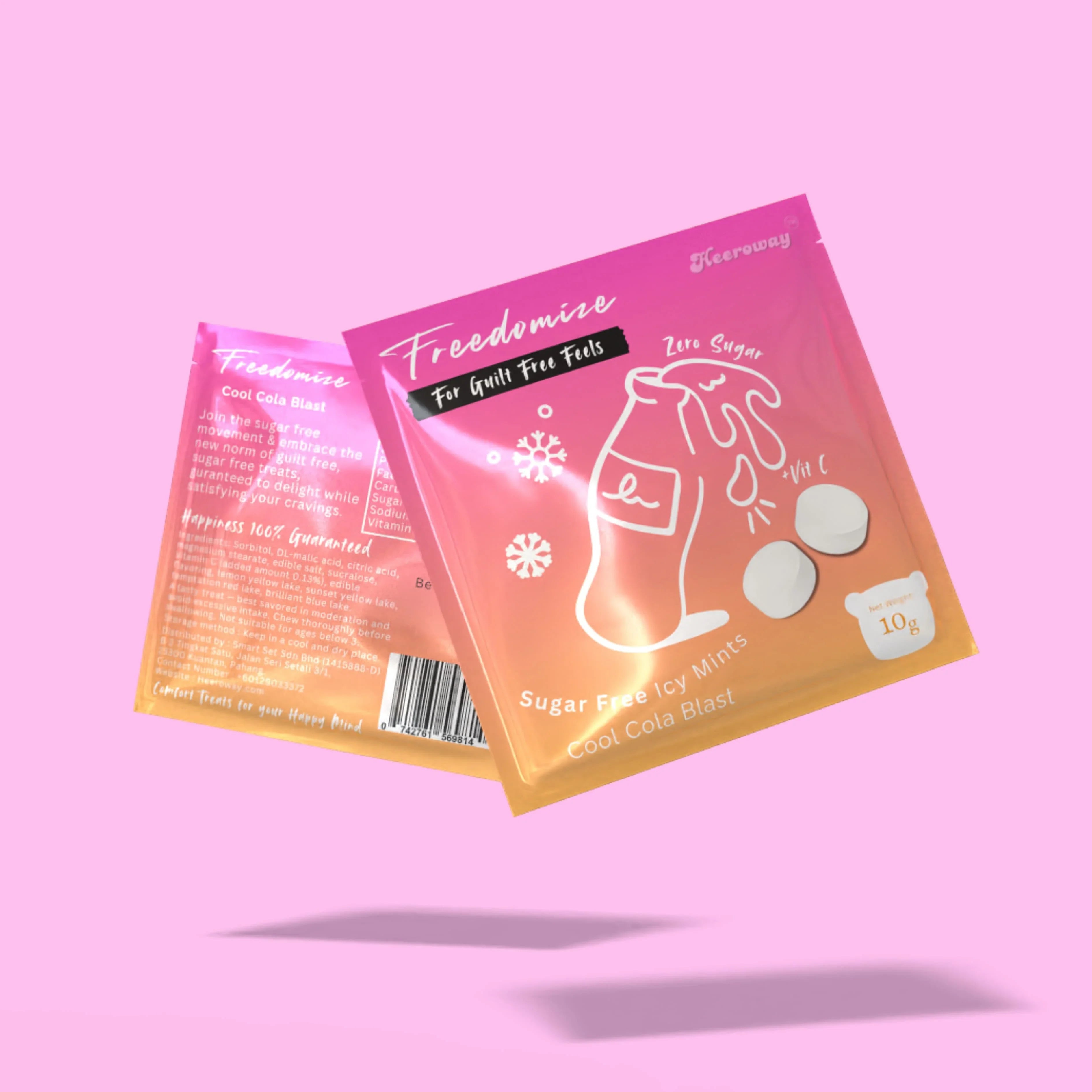 Heeroway Freedomize cool cola blast Sugar Free Icy Mints pouch floating against a pink background, showing front and back packaging in product page