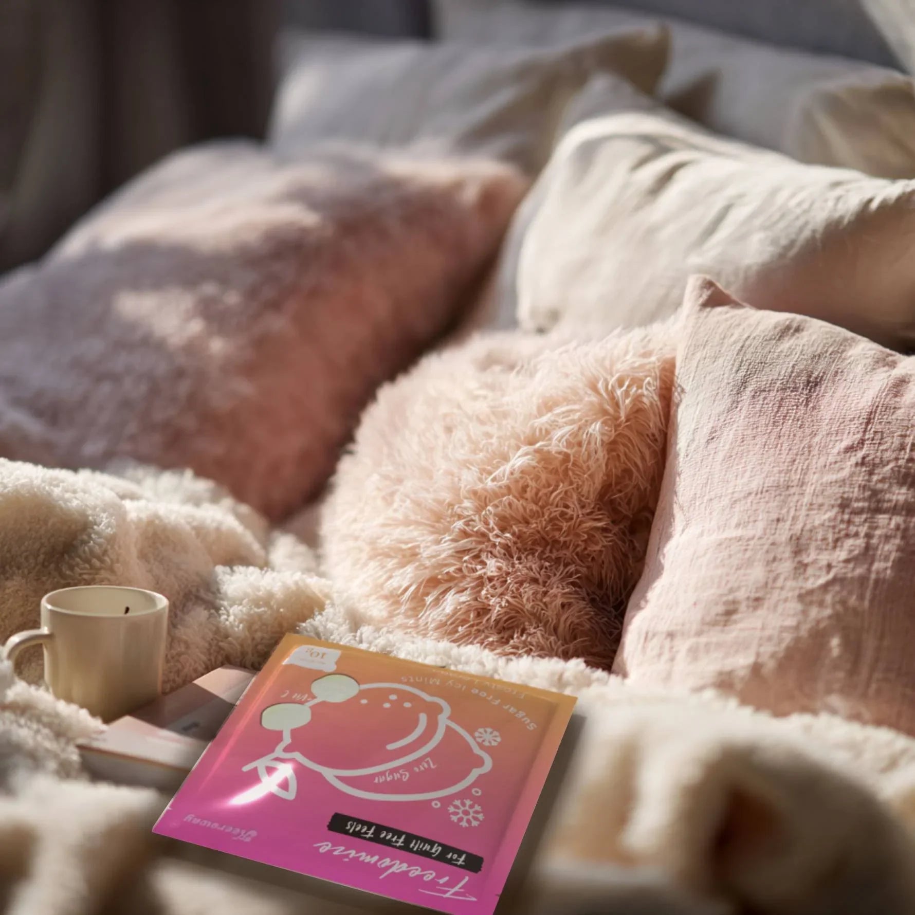Freedomize Frosty Lemon Sugar-Free Icy Mints pouch placed on a cozy bed with soft pink pillows, blanket, and a coffee cup nearby in product page.