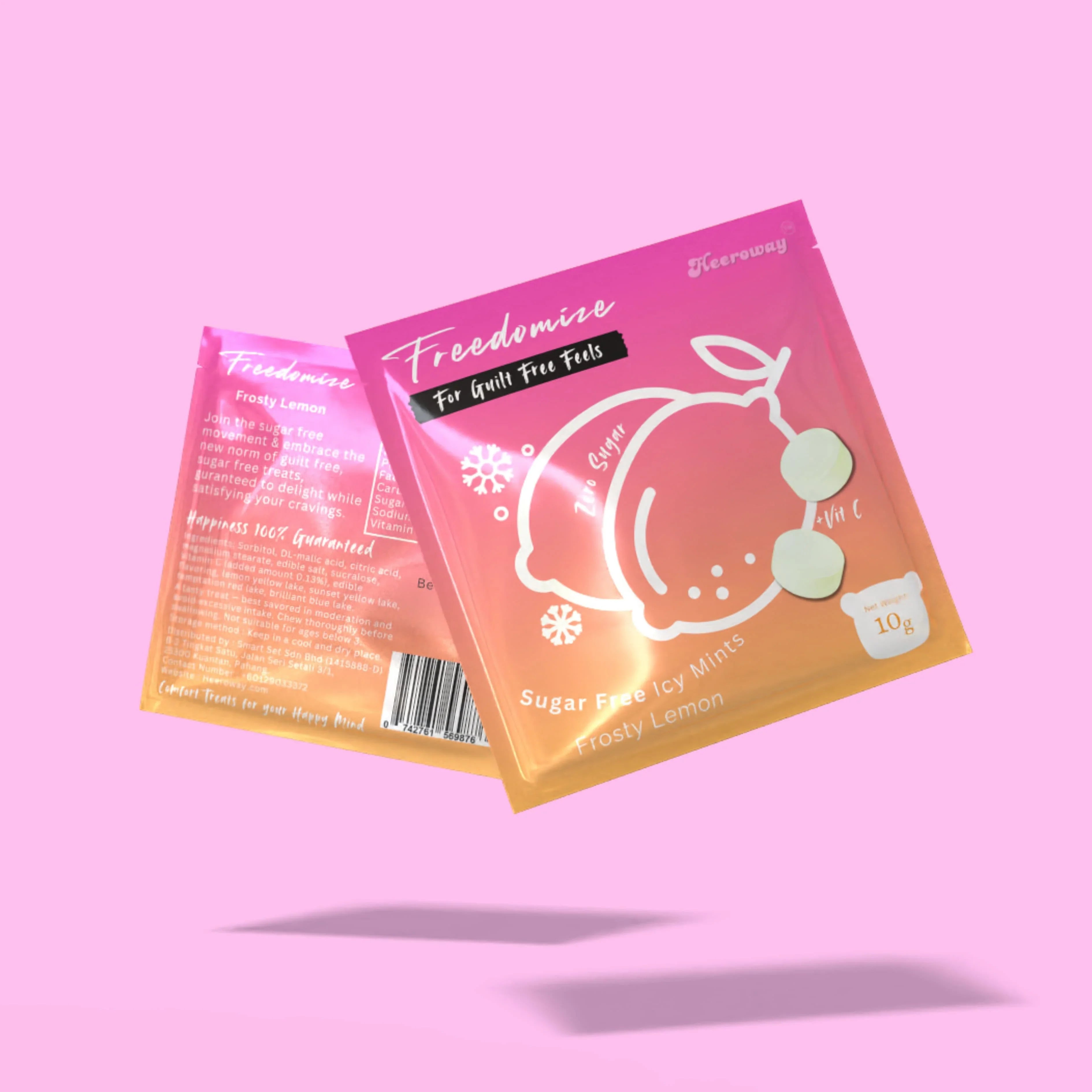 Heeroway Freedomize Frosty Lemon Sugar Free Icy Mints pouch floating against a pink background, showing front and back packaging in product page.