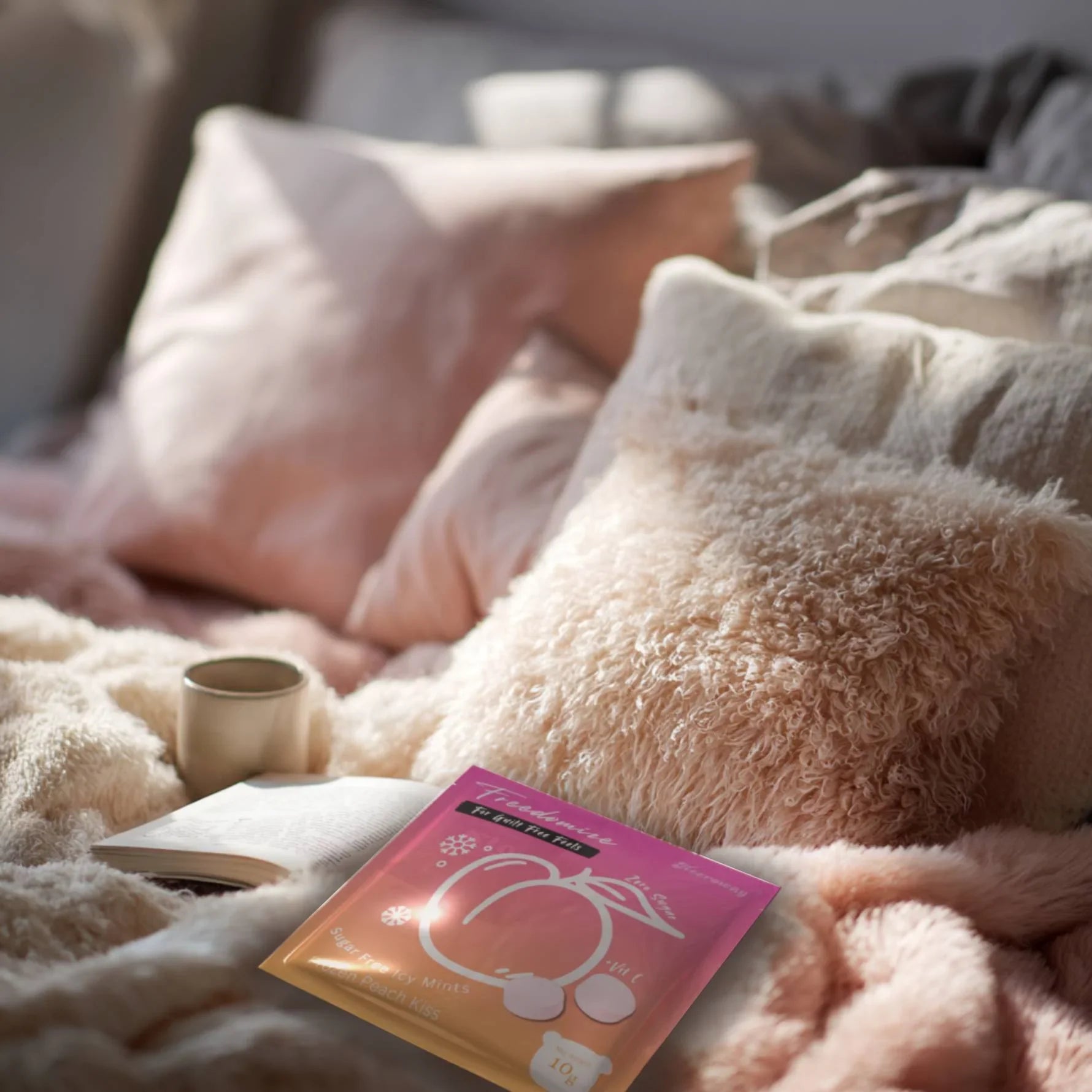 Freedomize Frozen Peach Kiss Sugar-Free Icy Mints pouch placed on a cozy bed with soft pink pillows, blanket, and a coffee cup nearby.