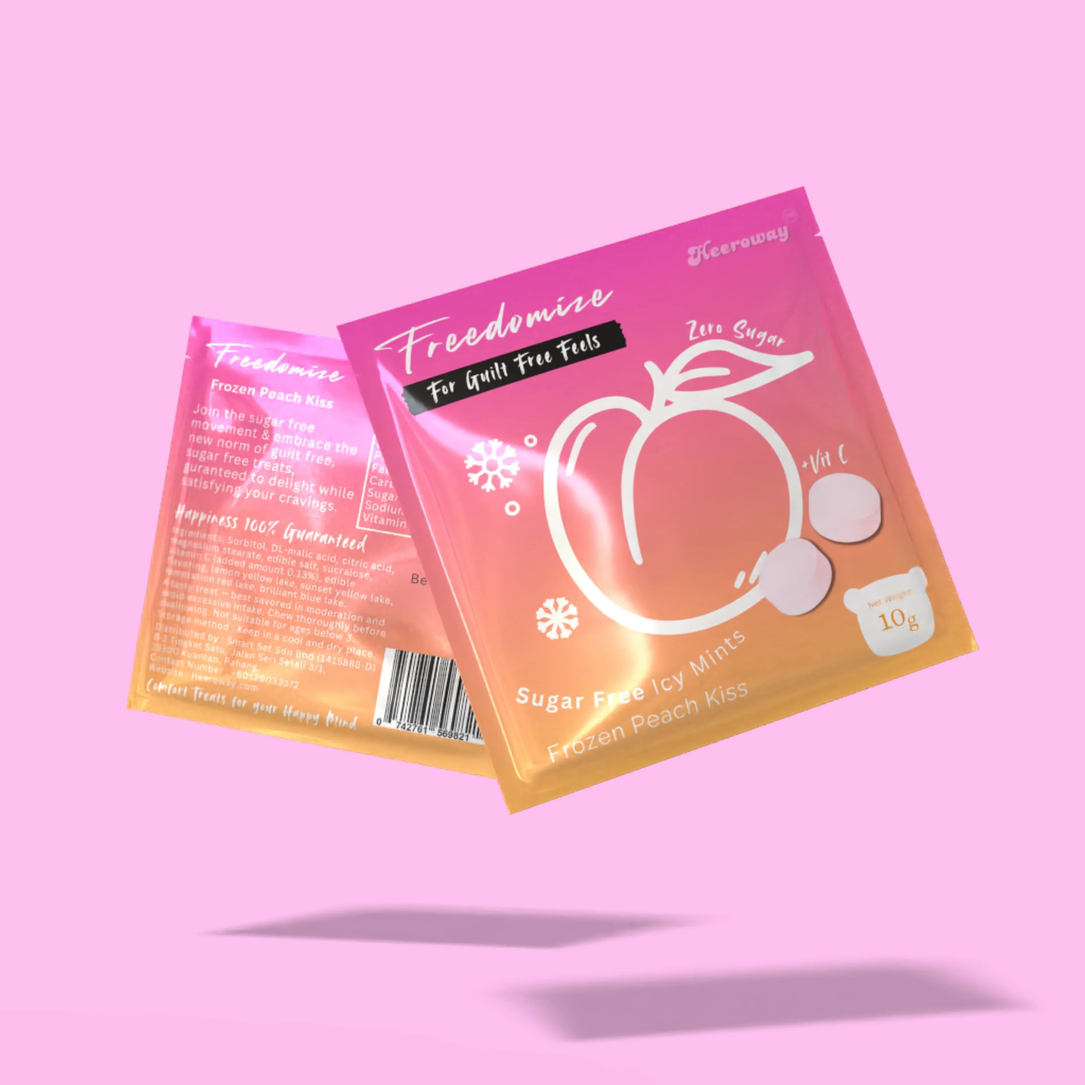 Heeroway Freedomize Frozen Peach Kiss Sugar Free Icy Mints pouch floating against a pink background, showing front and back packaging.