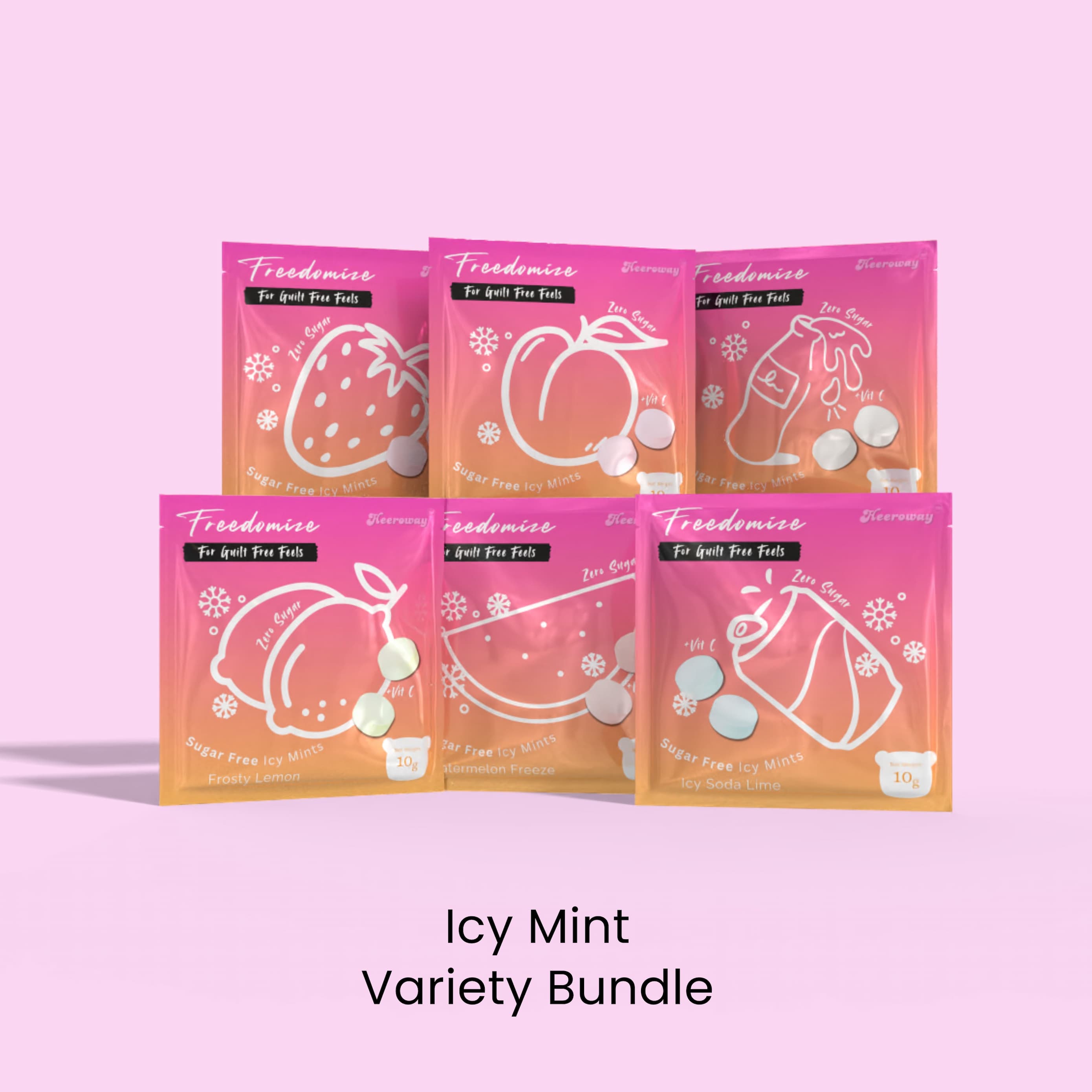 Freedomize Icy Mint Variety Pack featuring six sugar-free mint flavors including Strawberry, Peach, Cola, Lemon, Watermelon Freeze, and Soda Lime, displayed on a pink background in you may also like recommended product.