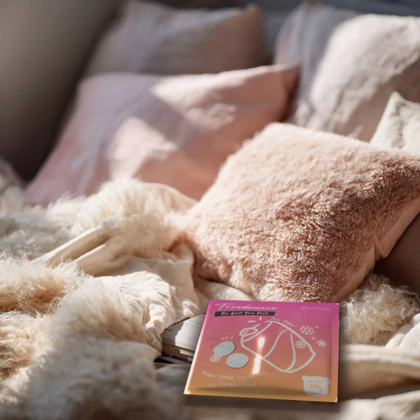 Freedomize Icy Soda Lime Sugar-Free Icy Mints pouch placed on a cozy bed with soft pink pillows, blanket, and a coffee cup nearby.