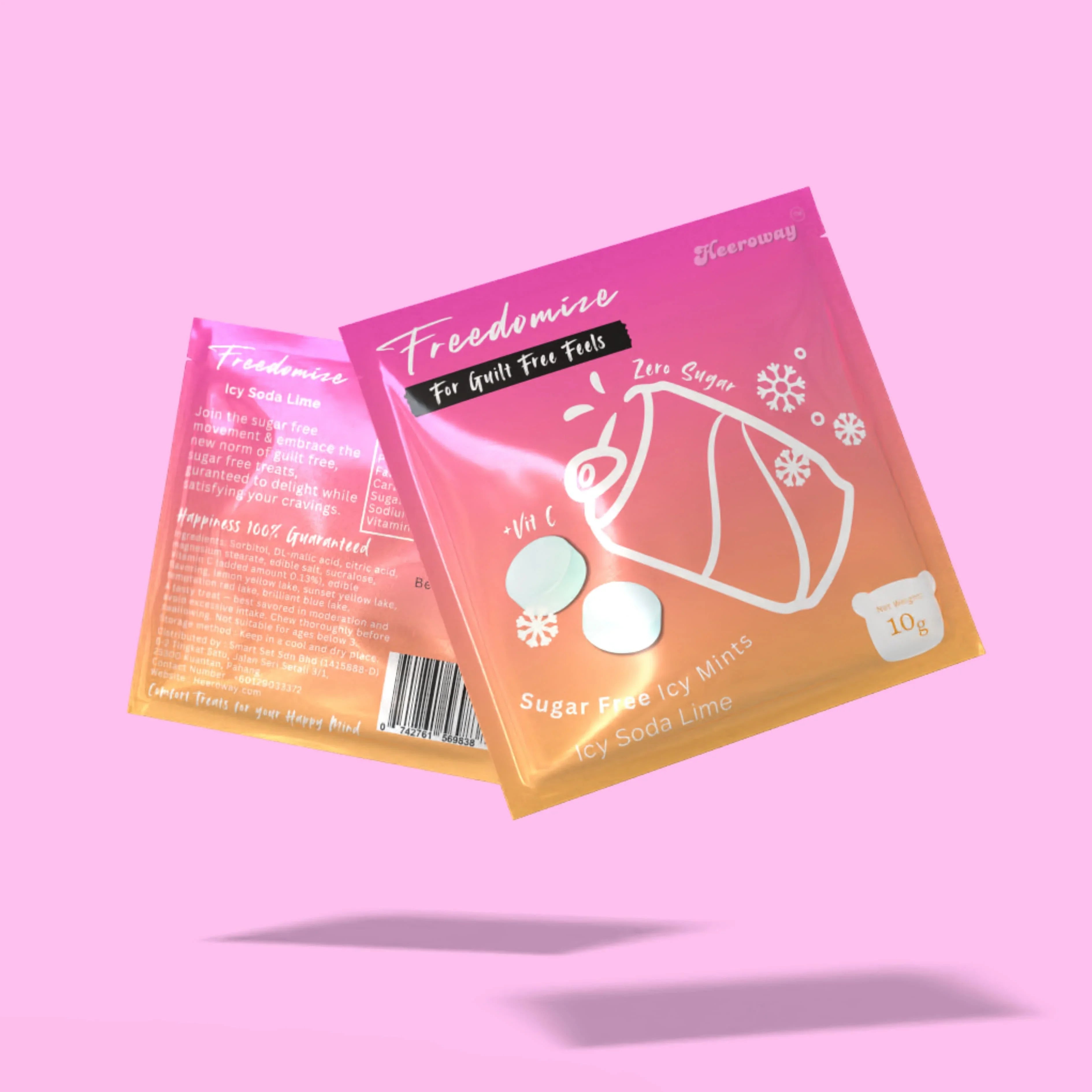 Heeroway Freedomize Icy Soda Lime Sugar Free Icy Mints pouch floating against a pink background, showing front and back packaging.