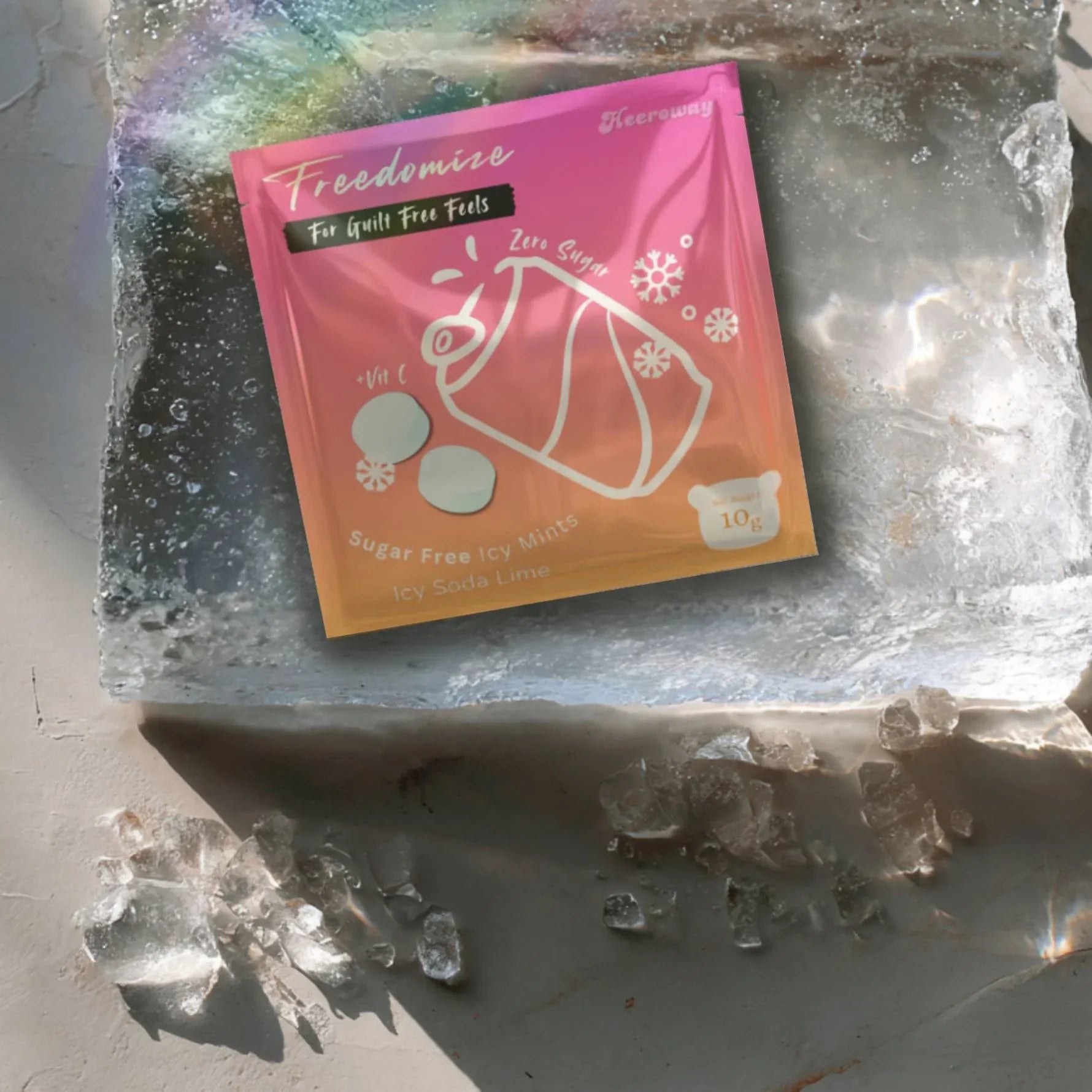 Heeroway Freedomize Icy Soda Lime Sugar Free Icy Mints pouch floating against a pink background, showing front and back packaging.