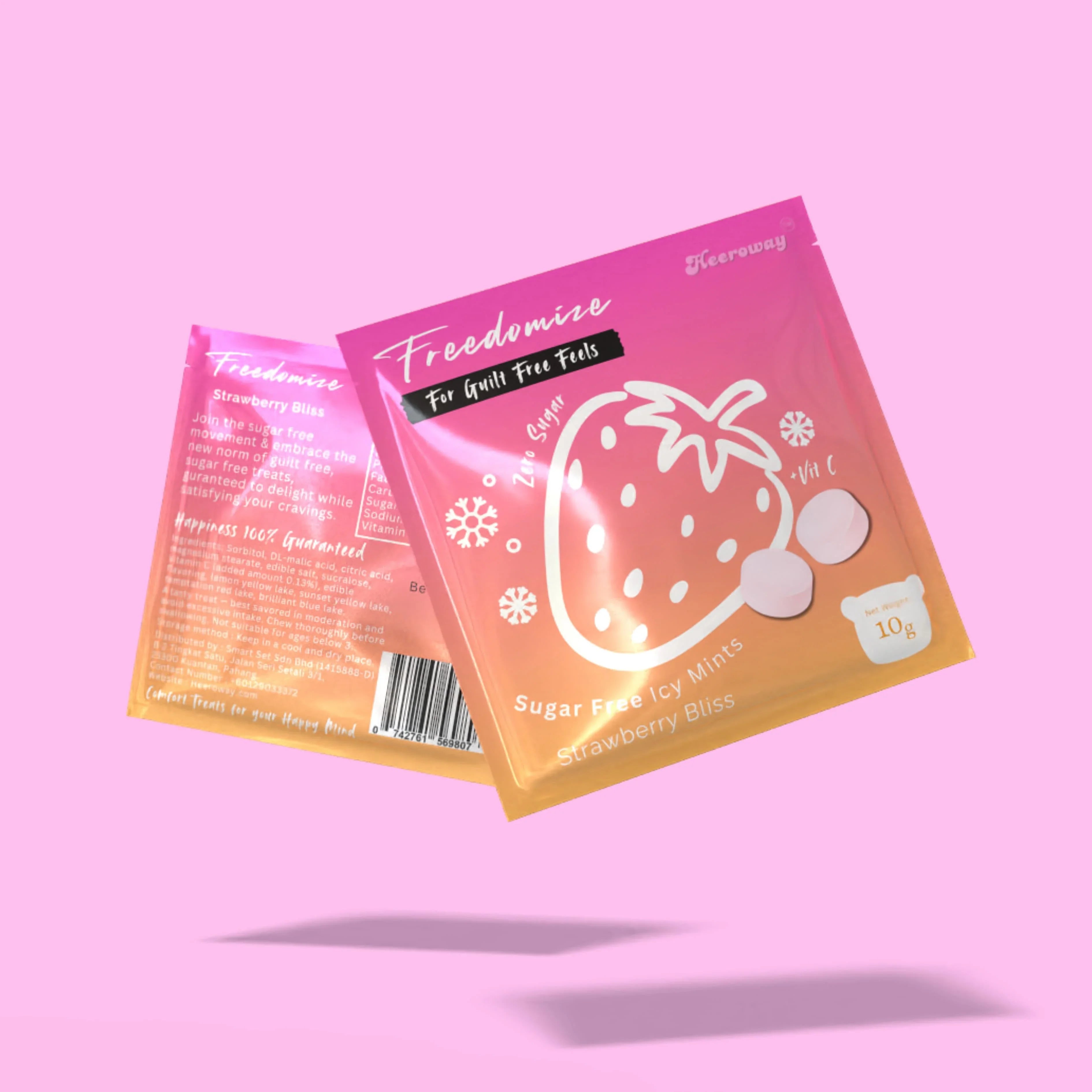 Heeroway Freedomize Strawberry Bliss Sugar Free Icy Mints pouch floating against a pink background, showing front and back packaging in product page.