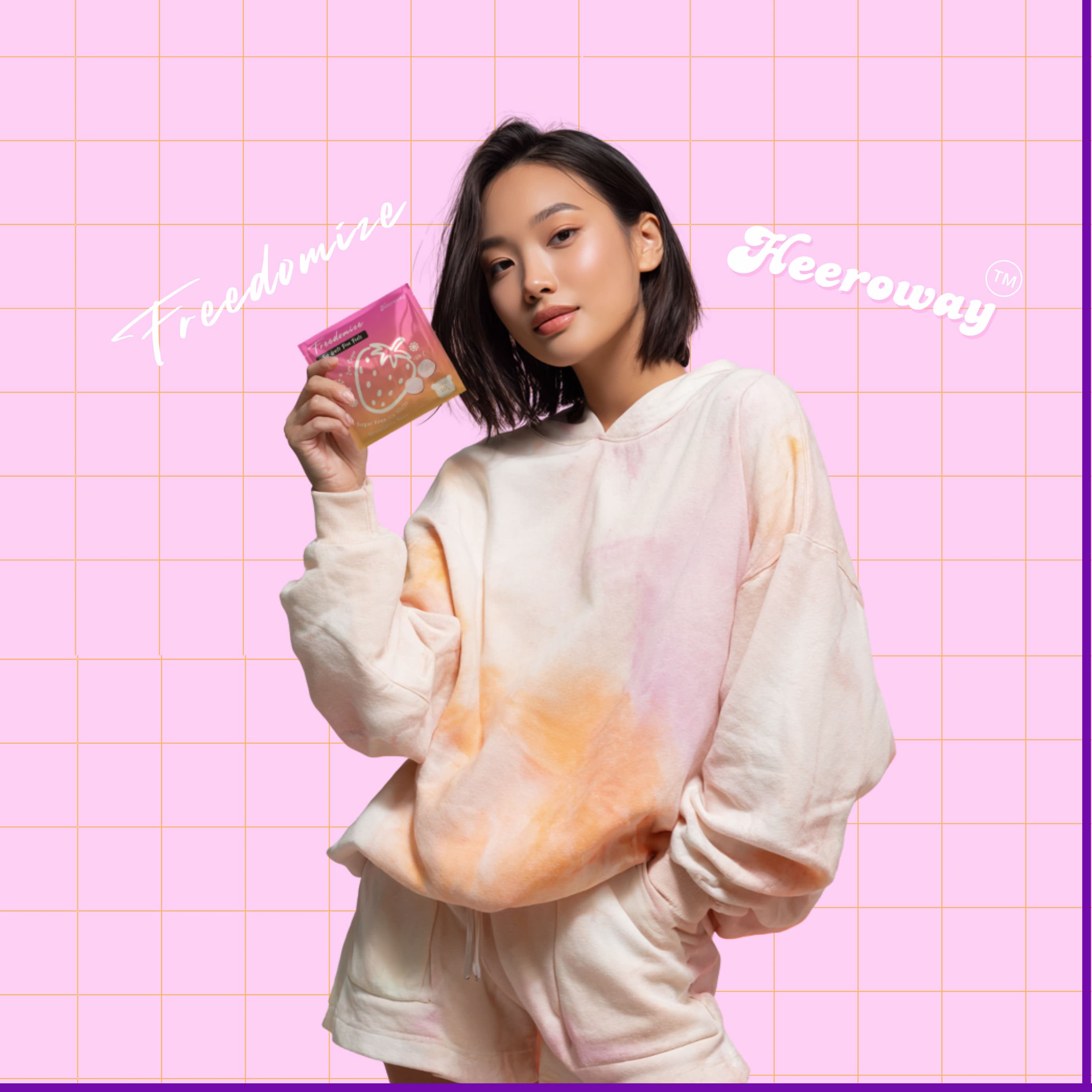 Model wearing pastel hoodie holding Freedomize Strawberry Bliss Icy Mints pouch against a pink grid backdrop.