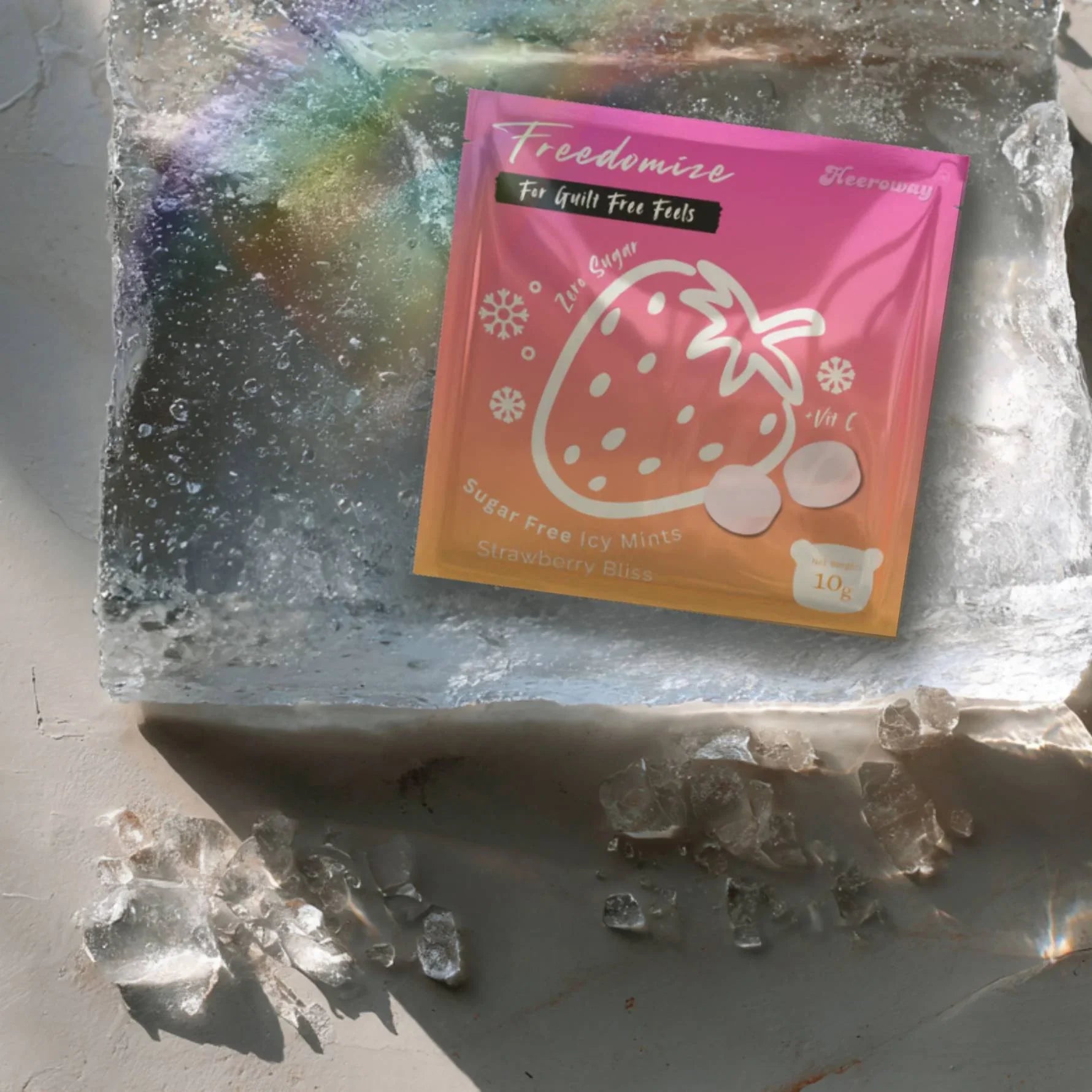 Heeroway Freedomize Strawberry Bliss Sugar Free Icy Mints pouch floating against a pink background, showing front and back packaging in product page.