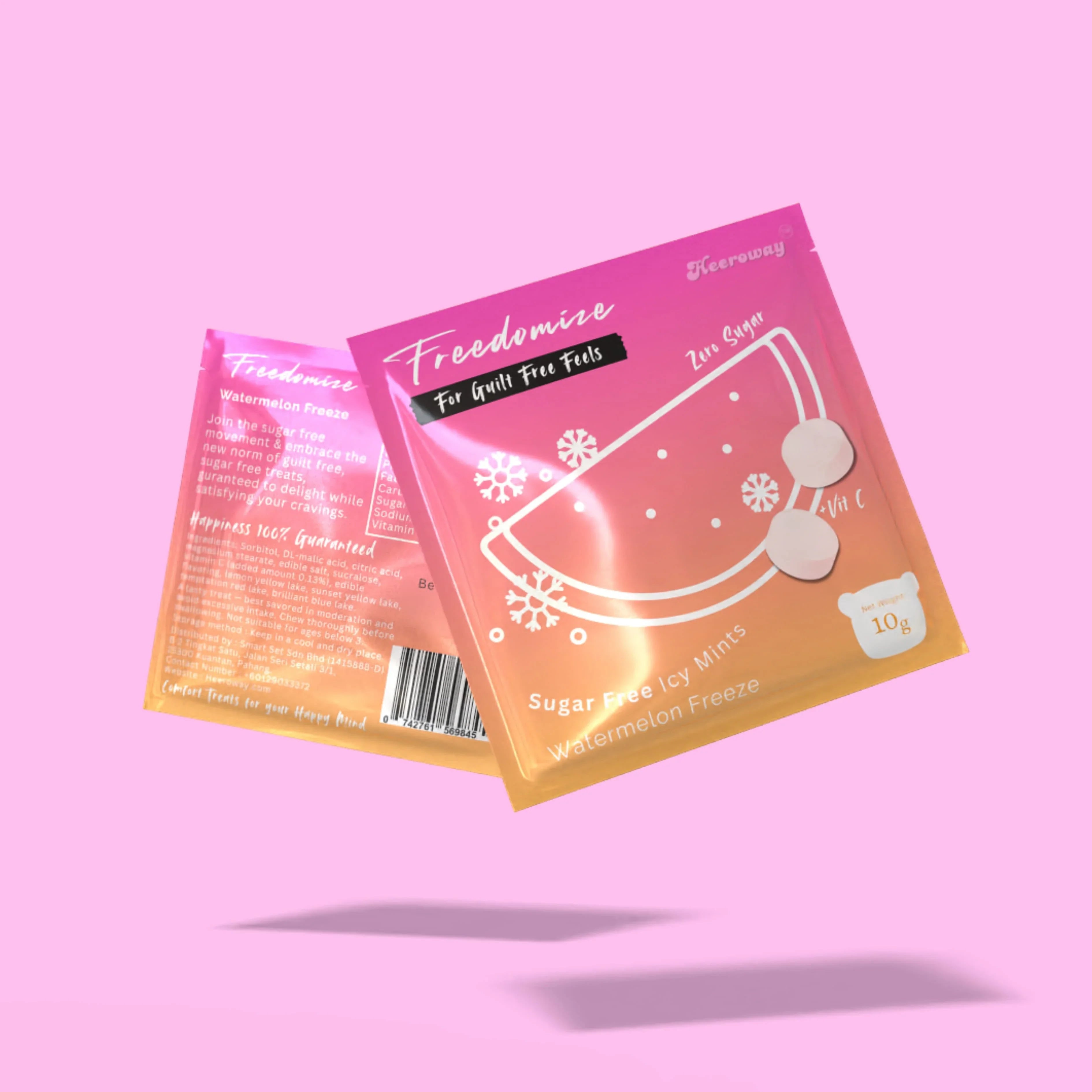 Heeroway Freedomize Watermelon Freeze Sugar Free Icy Mints pouch floating against a pink background, showing front and back packaging.