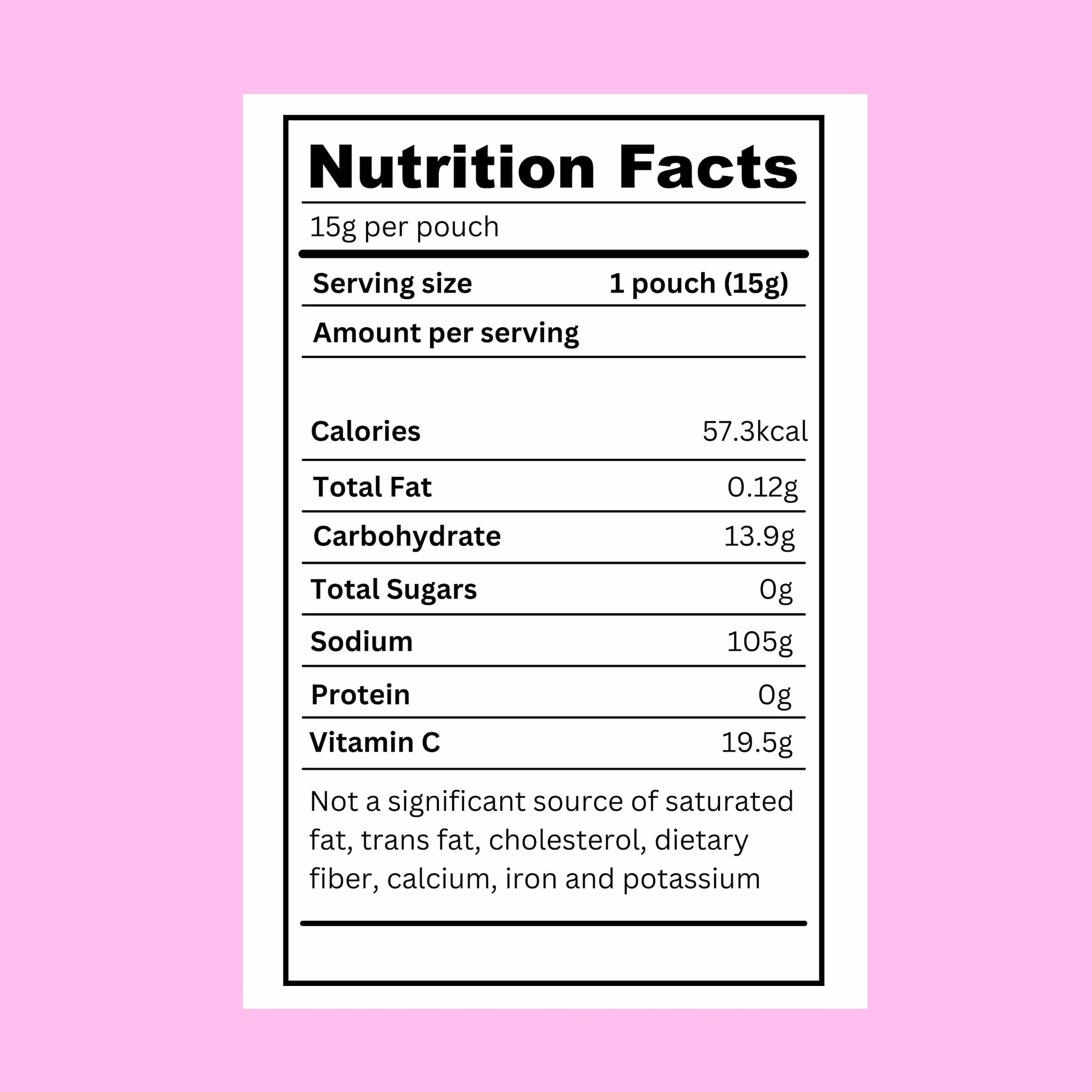 Nutrition facts for Heeroway Freedomize Icy Mint sugar-free mints, 15g pouch with 57.3 kcal, 0g sugar, and added Vitamin C