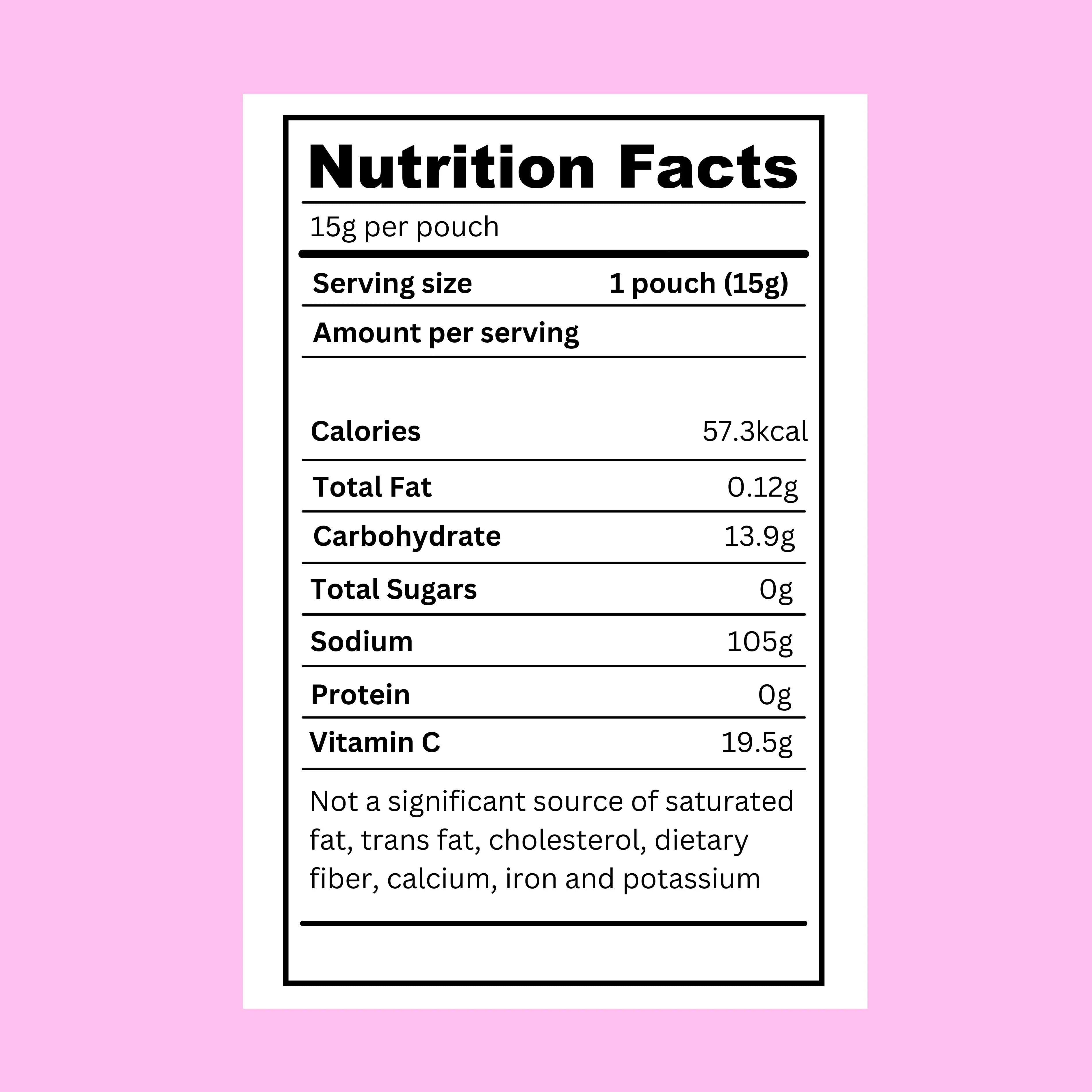 Nutrition facts label for Heeroway sugar-free lemon icy mints, showing 57.3 kcal, 0g sugar, 0.12g fat, 13.9g carbohydrate, 105g sodium, and 19.5g vitamin C per 15g pouch