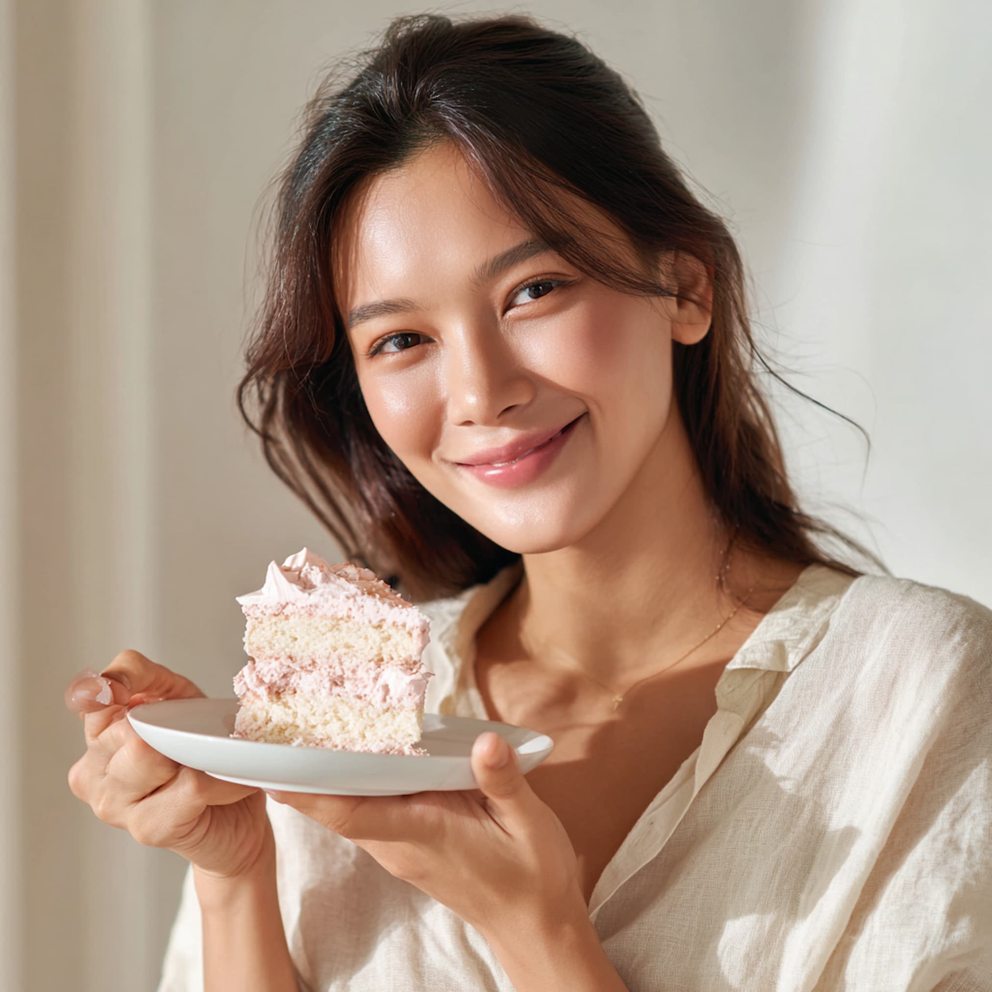 A woman smiling while holding a plate with a slice of sugarfree pink frosted cake, enjoying a light and cheerful moment indoors