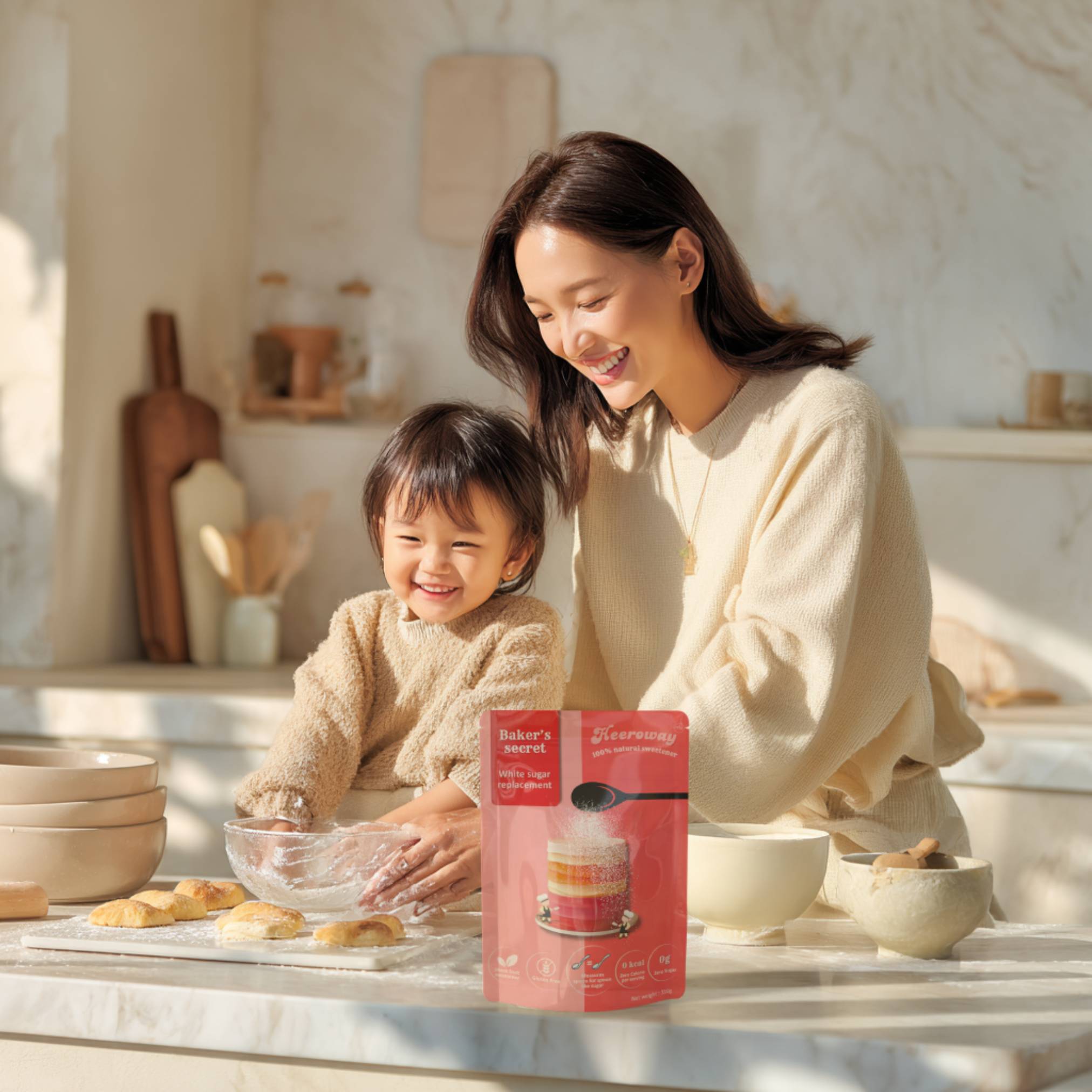 mother and child baking using Baker’s Secret sugar replacement for bakers secret page.