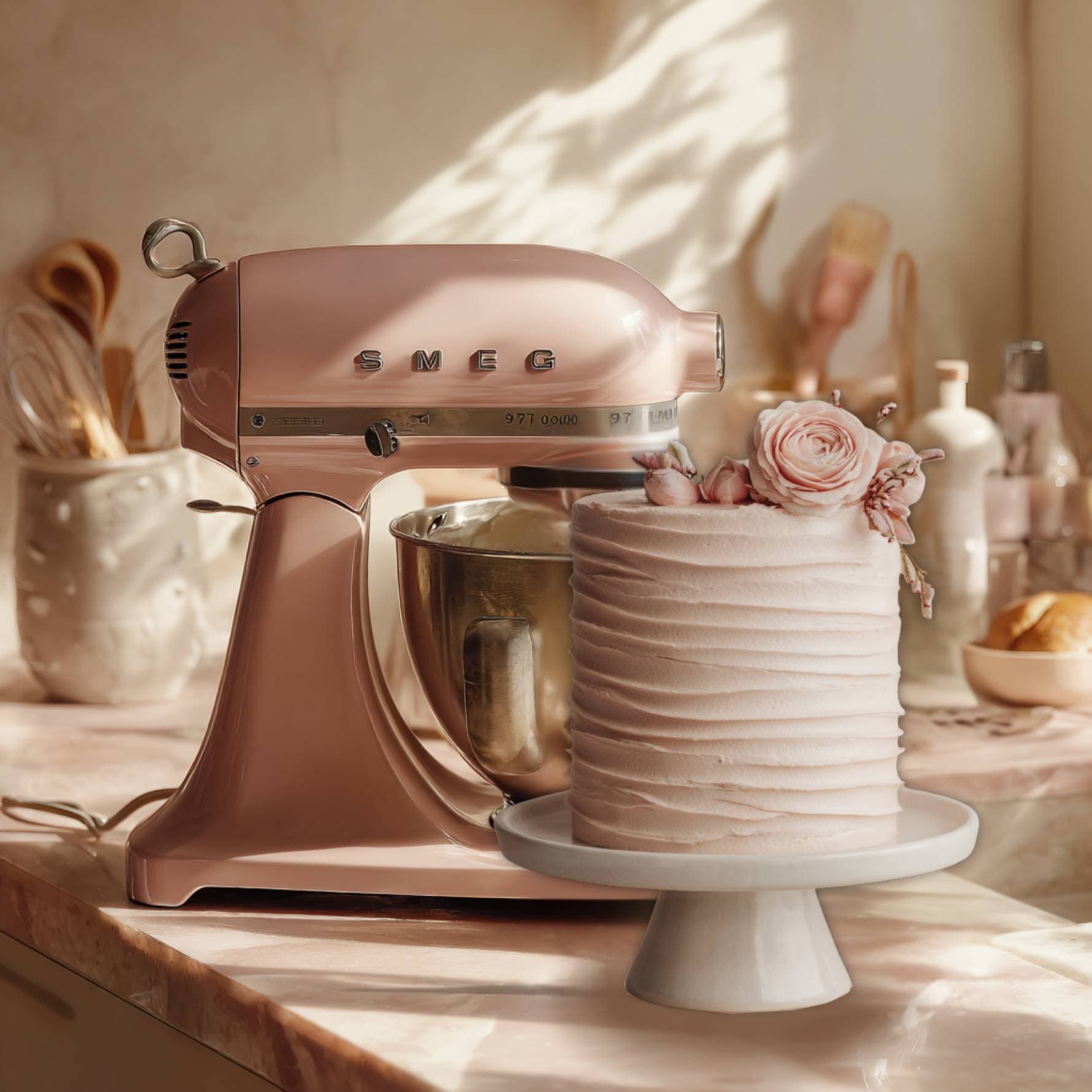 pastel pink smeg stand mixer on kitchen counter beside tall layered cake decorated with flowers