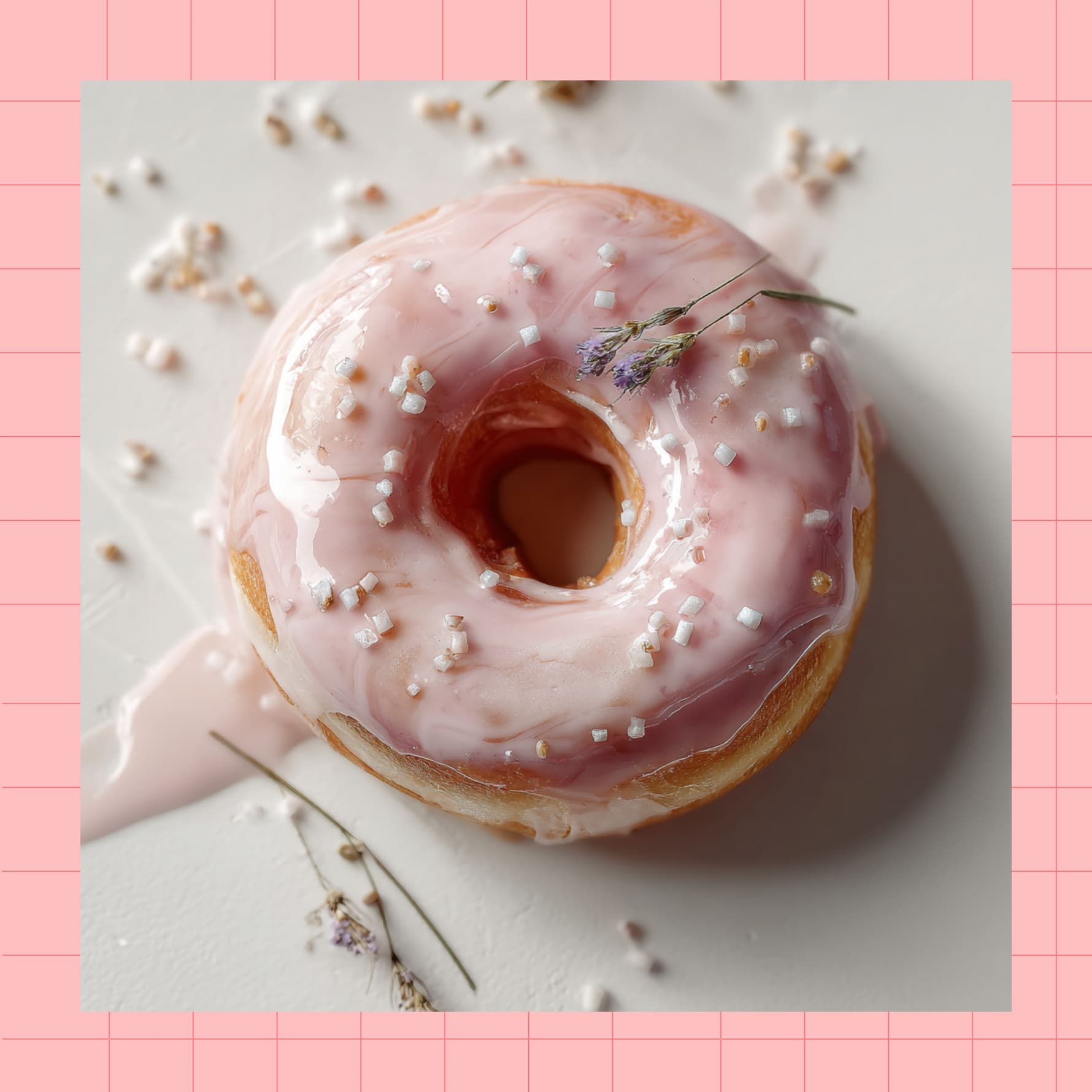 close-up of a donut with glossy pink glaze, sweetener sprinkles, and small lavender garnish on a light background