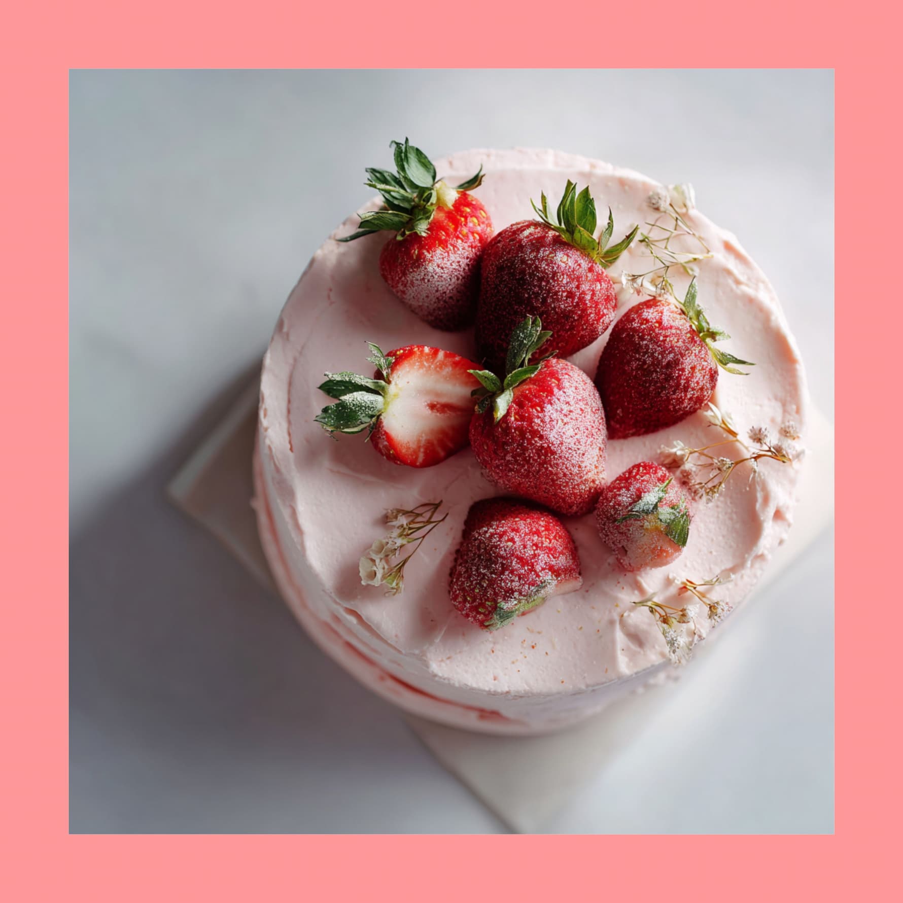 close up of strawberry cream cake topped with fresh strawberries and powdered sweetener