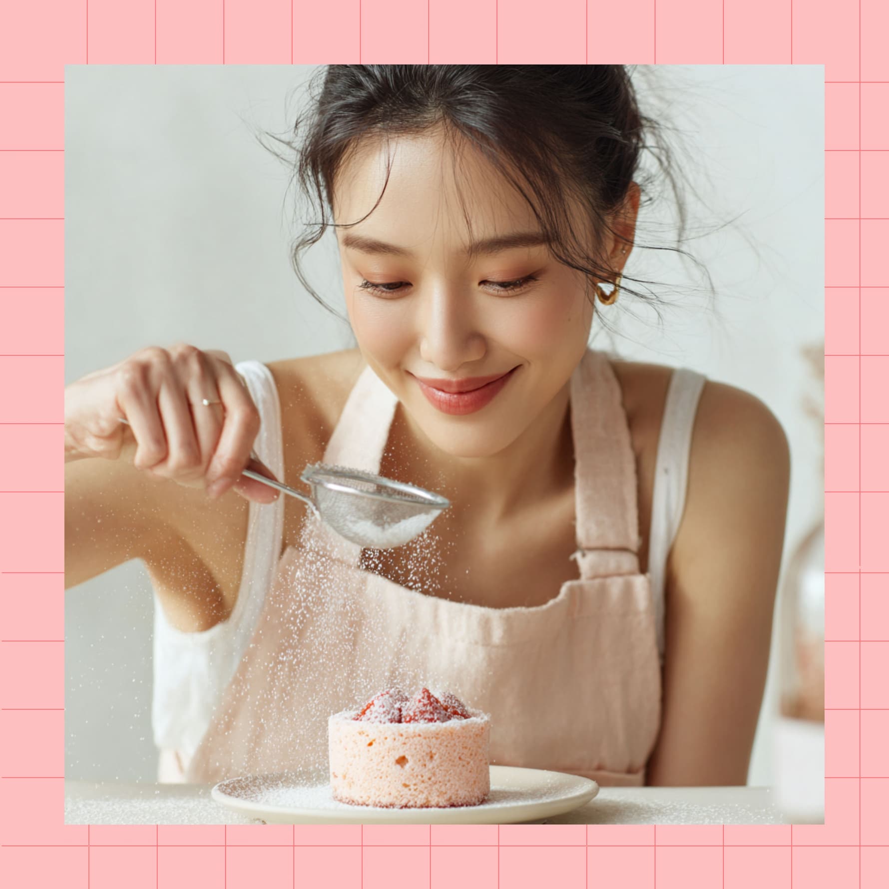 smiling woman in apron dusting sweetener through a sieve over a pink strawberry cake on a plate with pink border background