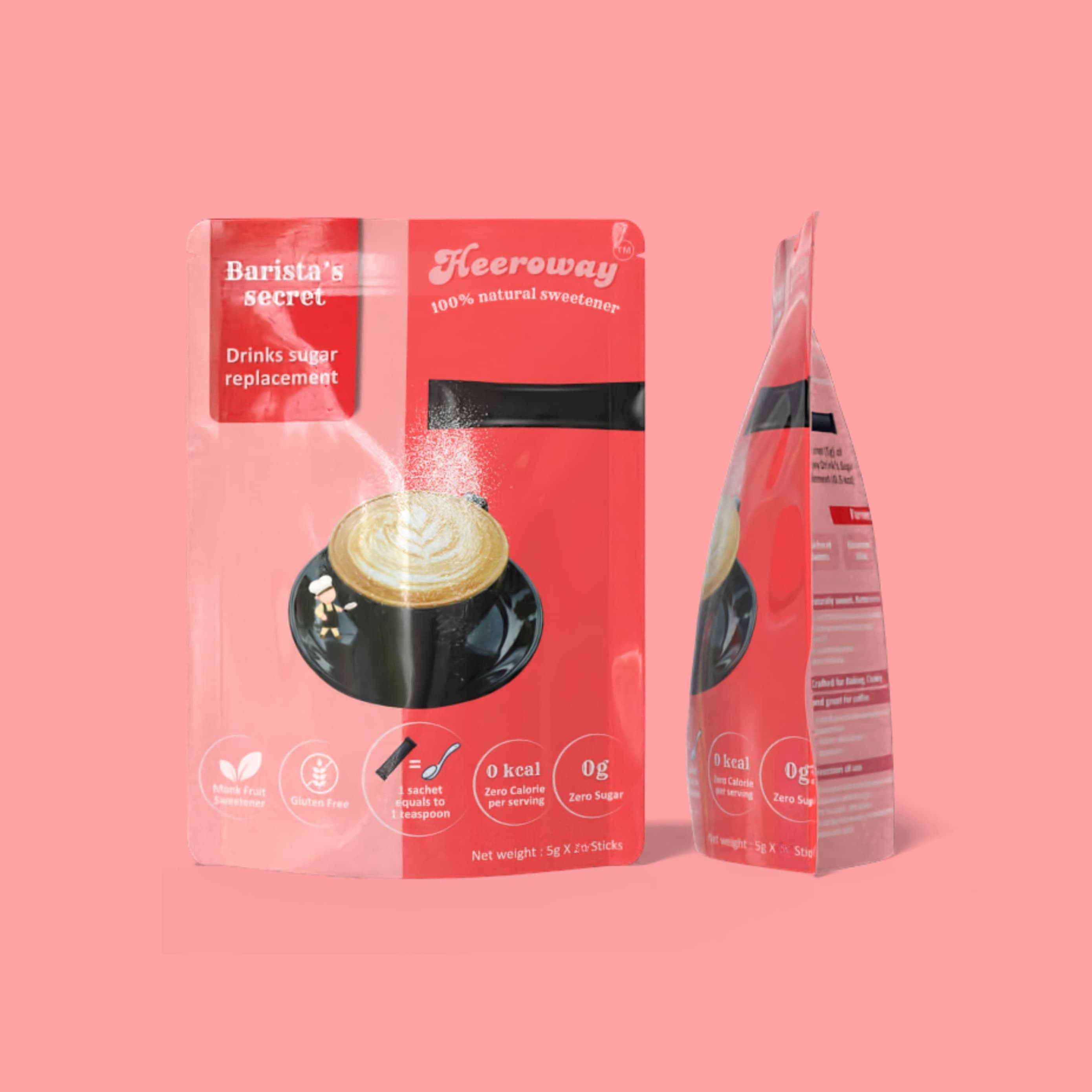 Heeroway Barista’s Secret drinks sugar replacement pouch packaging with latte art design, displayed against a pink background in product page.