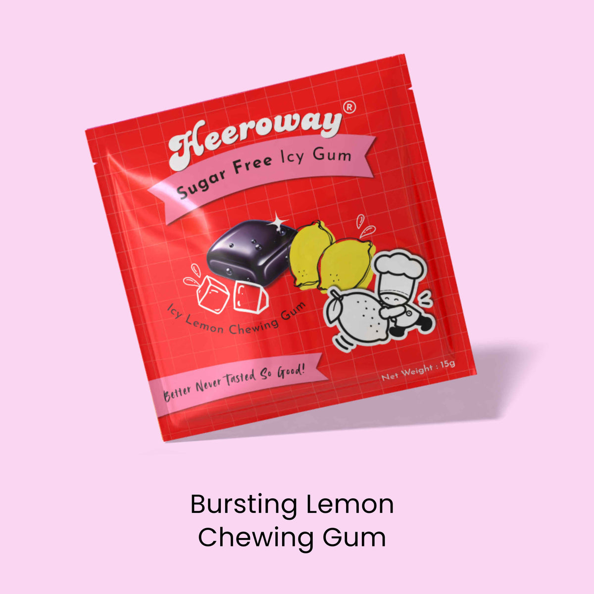 Heeroway Bursting Lemon Sugar Free Chewing Gum – citrus icy gum, sugar free, refreshing taste, 15g pack.