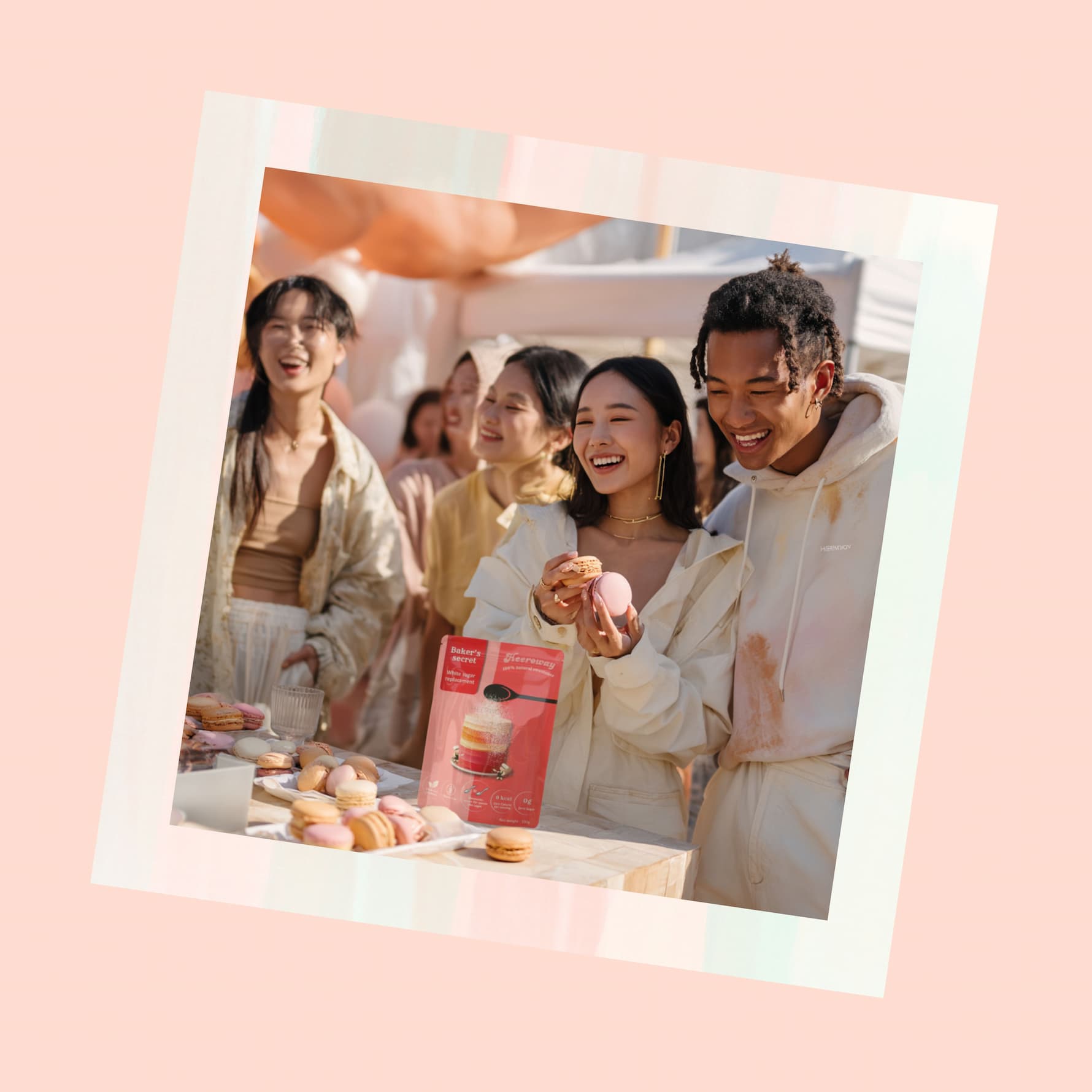 Community gathering scene with friends sharing desserts and Baker’s Secret sweetener on display, desktop version
