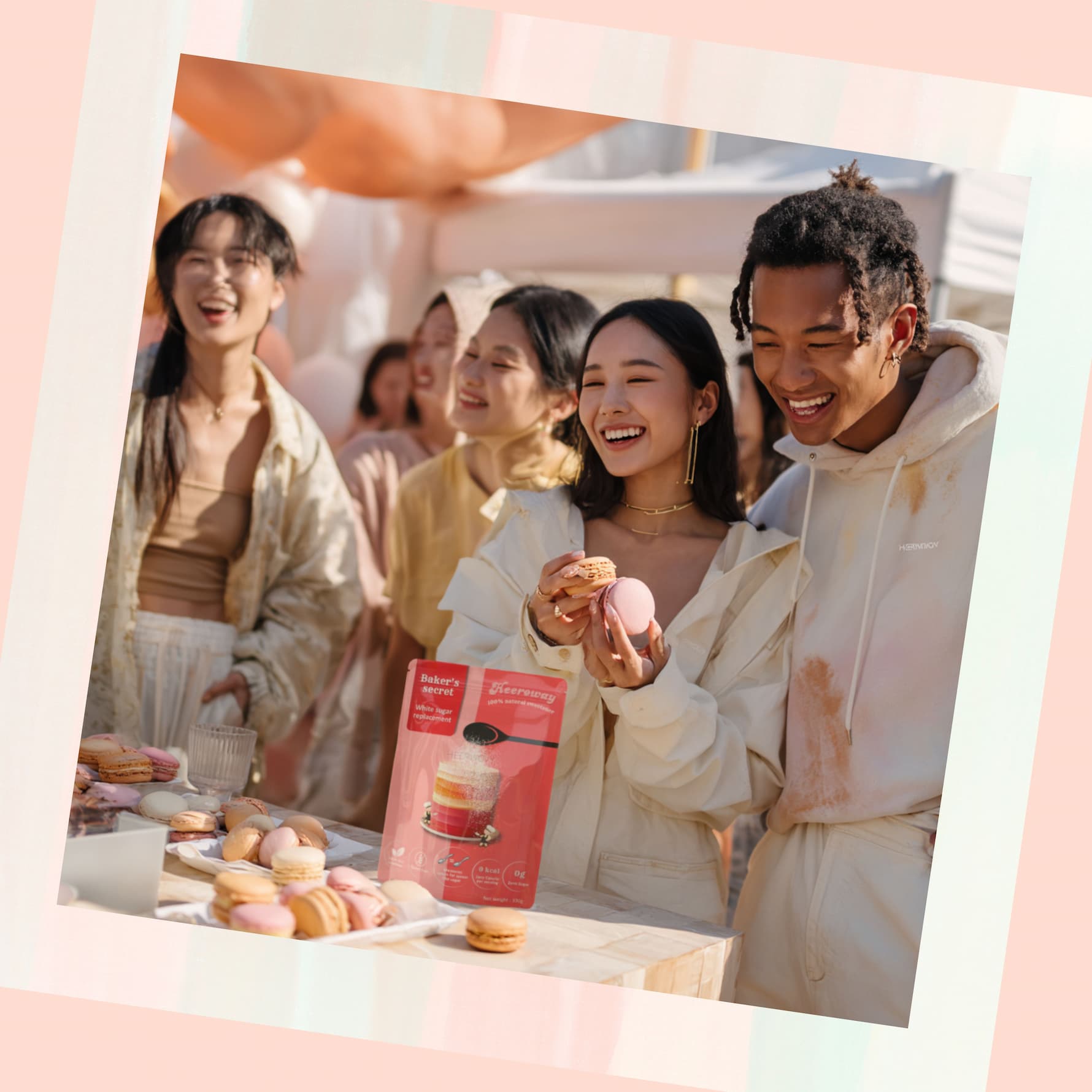 Group of friends enjoying macarons with Baker’s Secret sweetener at a sunny outdoor gathering, mobile view

