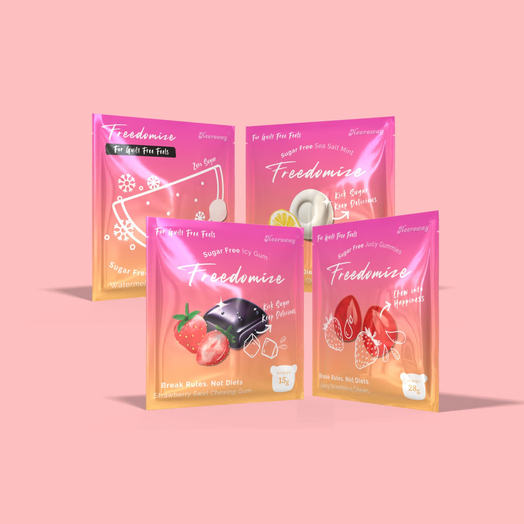 Colorful Freedomize sugar-free snacks packs displayed against a pink background, mobile view
