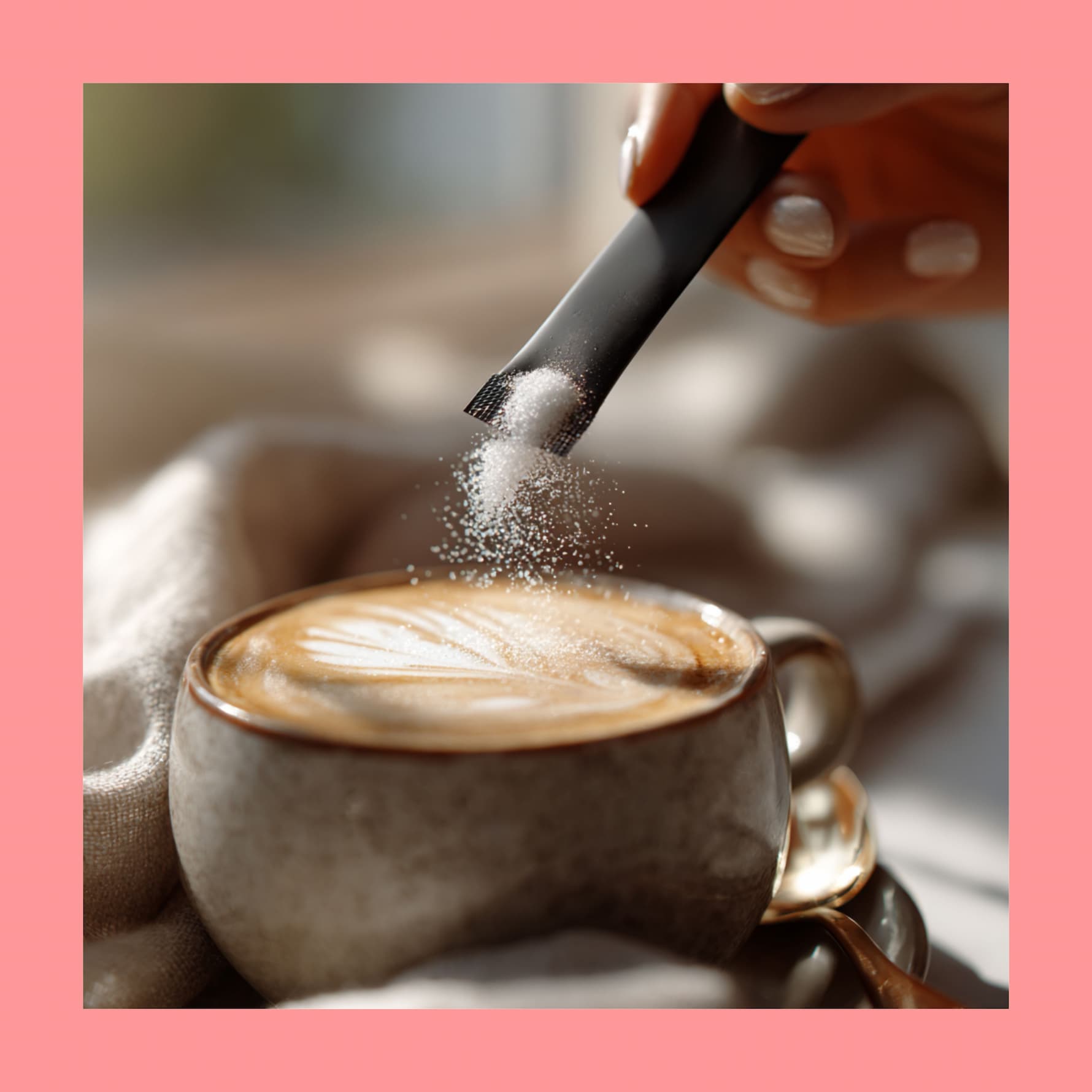 hand sprinkling sweetener from a black sachet over a latte with latte art in a ceramic cup