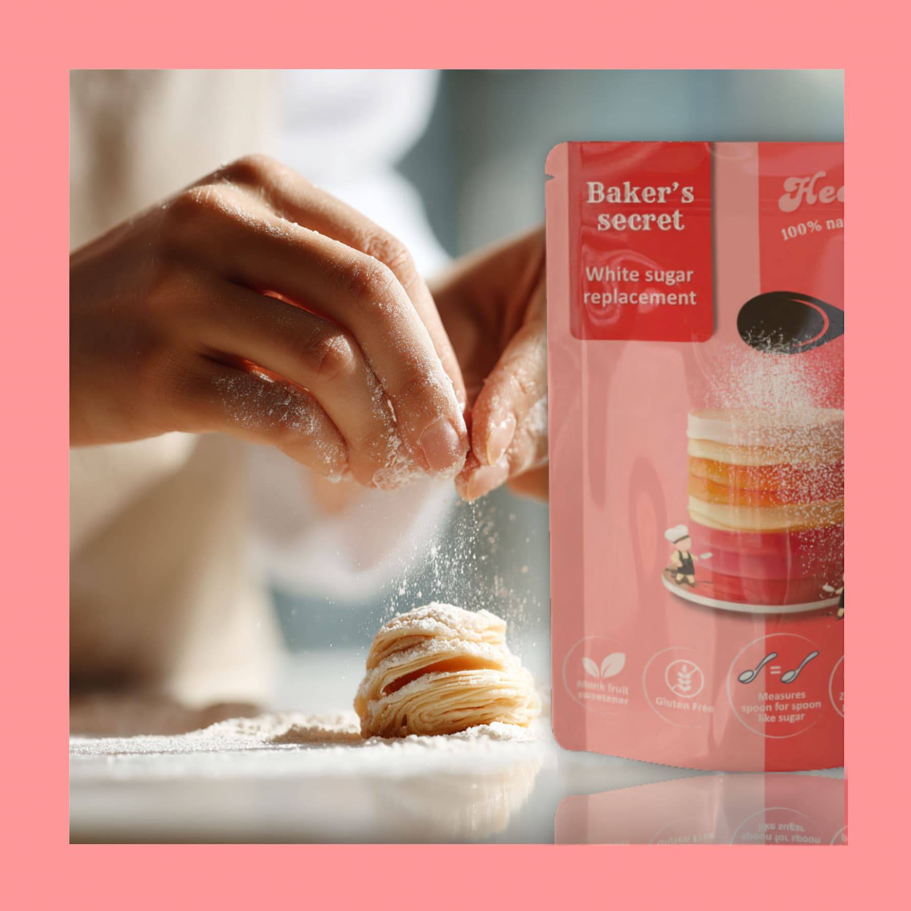 Hands dusting sweetener over a small layered pastry with a Baker’s Secret white sugar replacement pouch beside it, framed with a pink border.