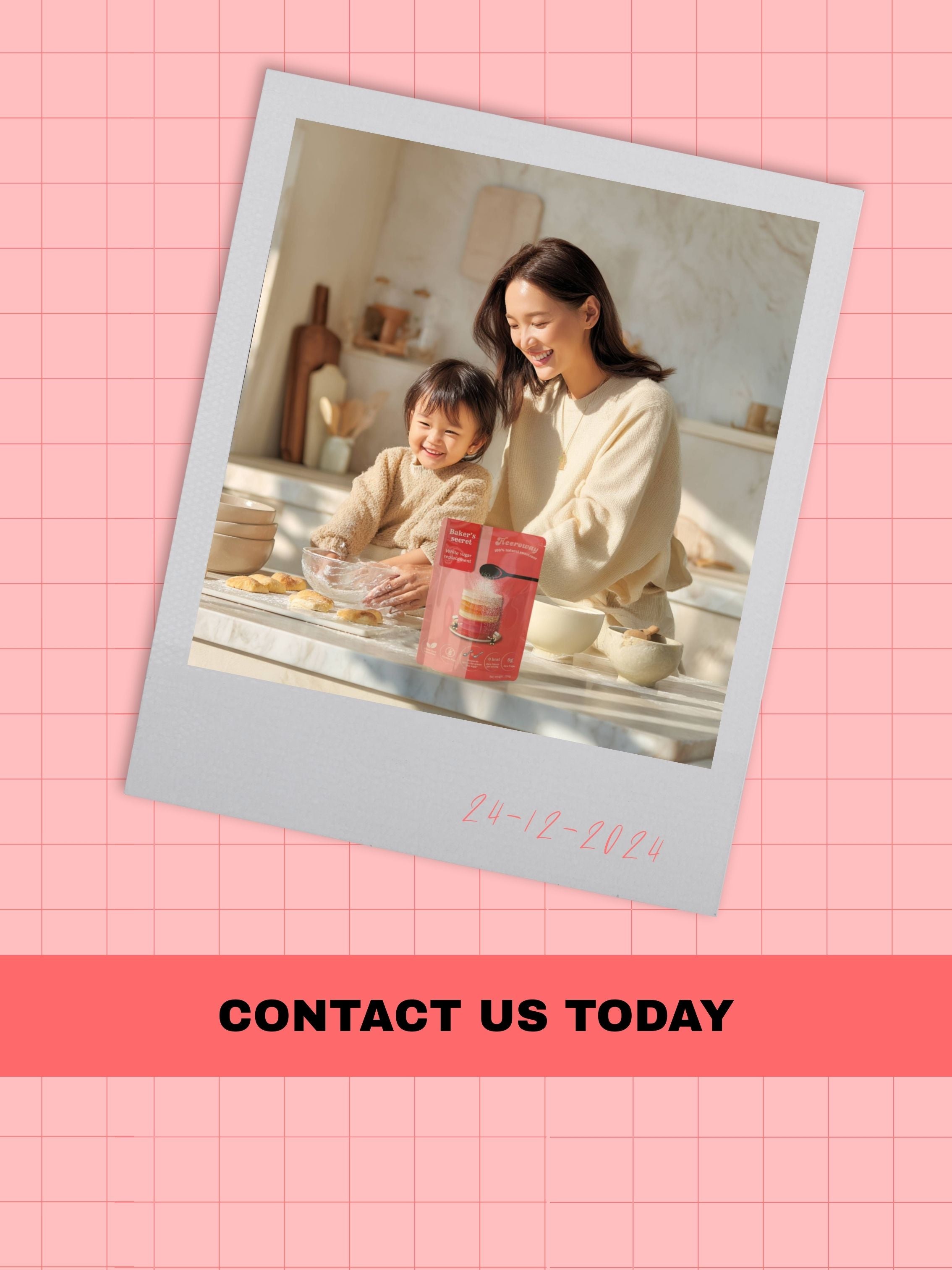 Contact us page mobile banner with mother and child baking using Baker’s Secret sugar replacement