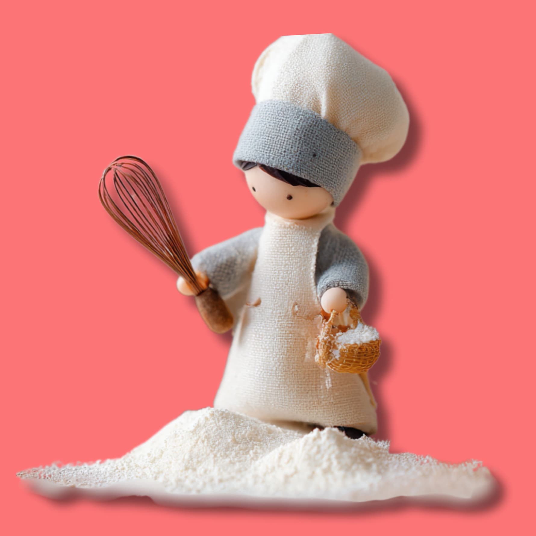 baker’s secret doll holding whisk and basket of flour with sugar free baking concept