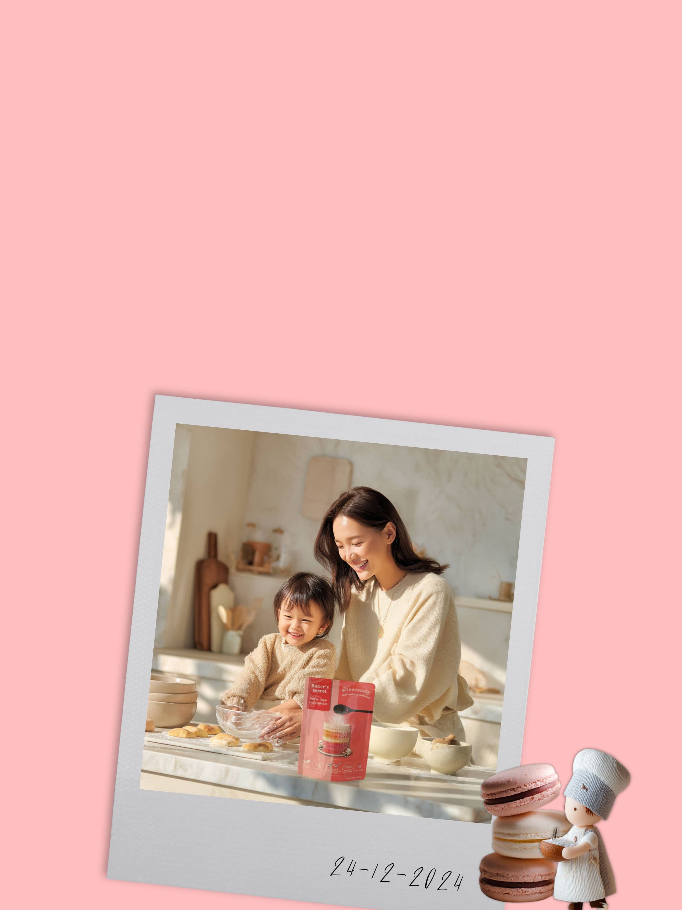 polaroid photo style of mother and child baking with baker’s secret sugar replacement, surrounded by macarons and mini chef doll illustration