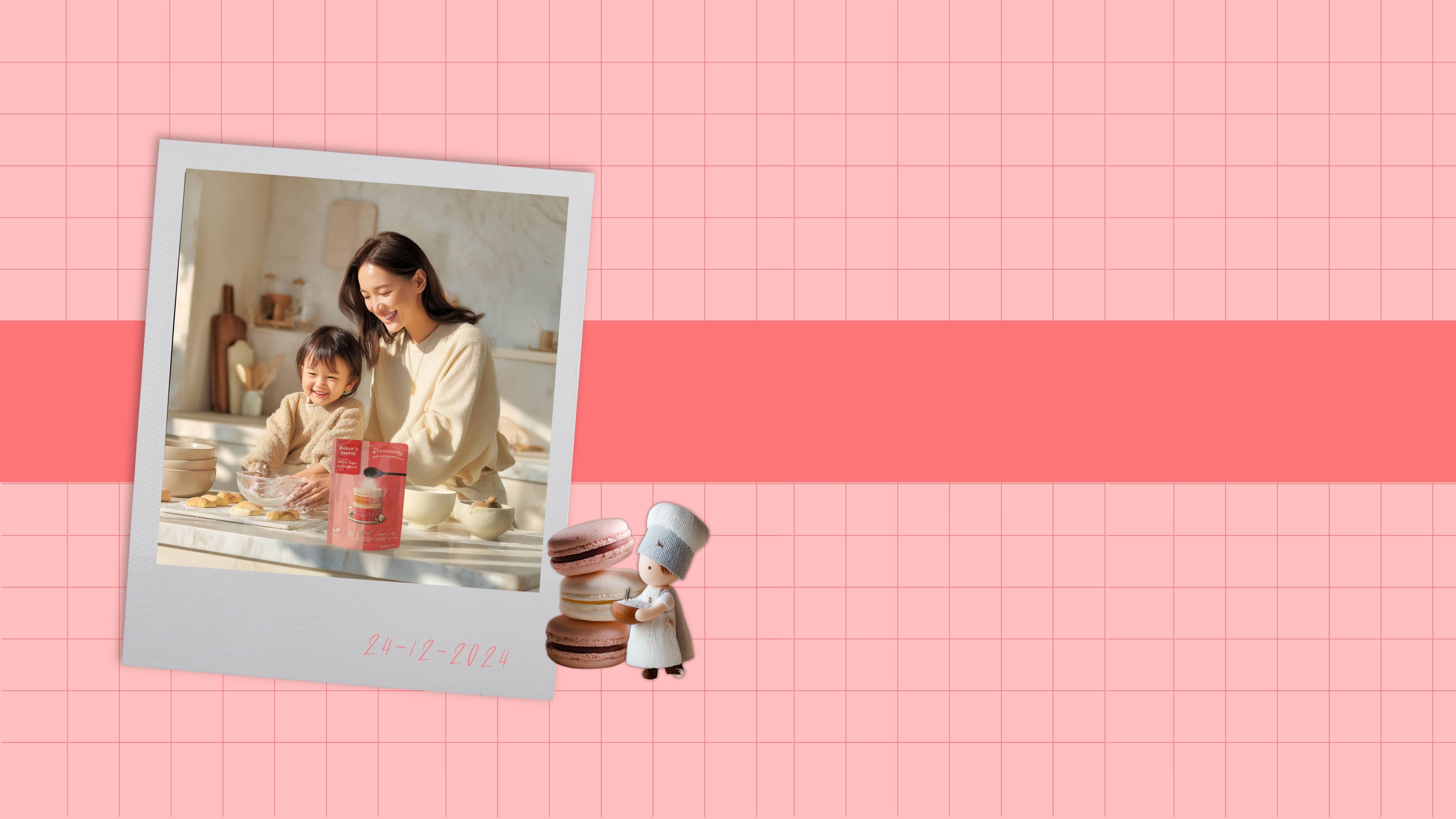 mother and child baking together in kitchen with baker’s secret white sugar replacement on table, playful chef doll and macarons decoration