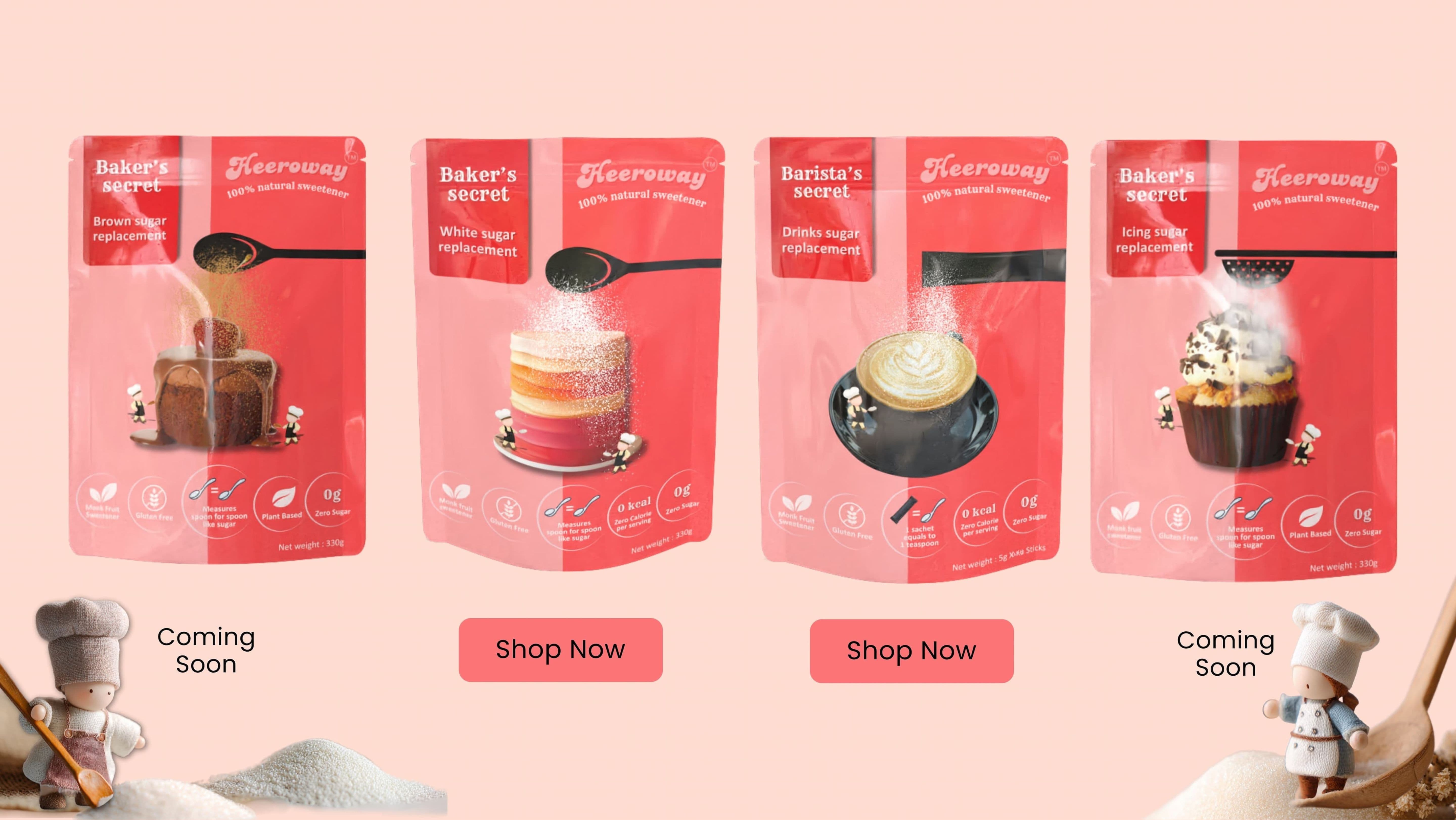 baker’s secret and barista’s secret sugar replacement packaging lineup including brown sugar, white sugar, drinks sugar, and icing sugar with shop now buttons and mini baker figures