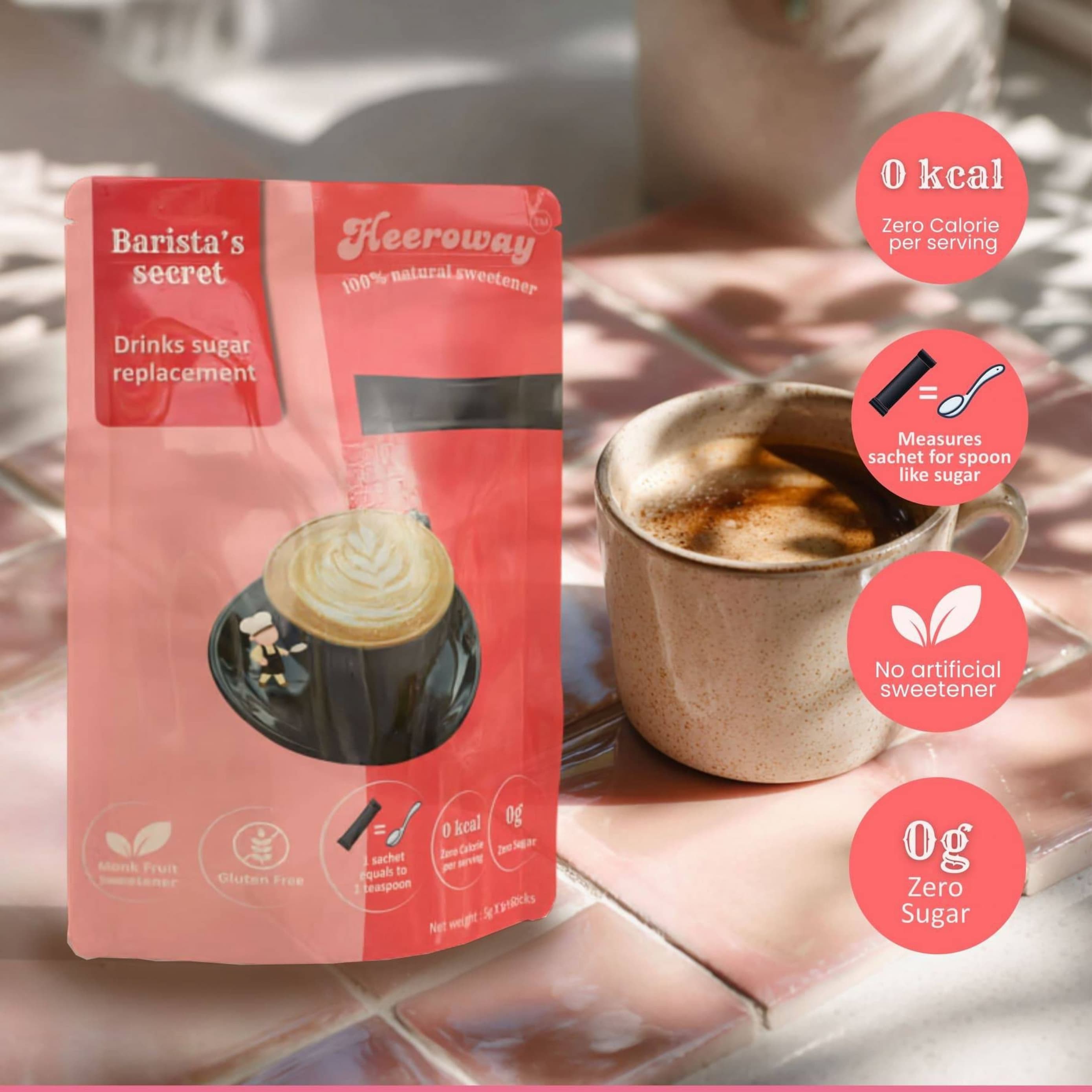 Baker’s Secret sweetener pouch with zero calorie and zero sugar benefits highlighted on a pink tile table.
