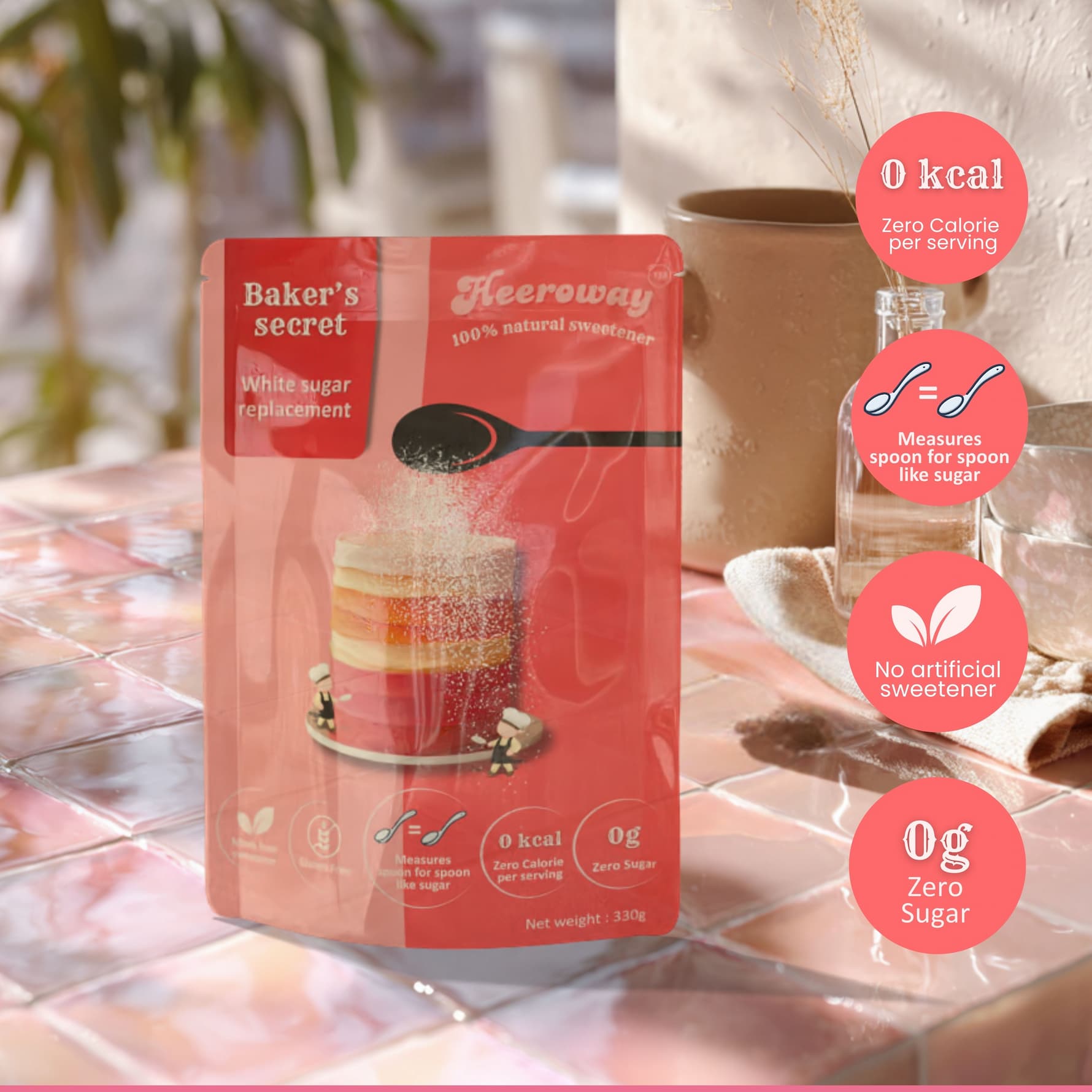 Heeroway Baker’s Secret natural sweetener pouch on a tiled table with icons highlighting zero calories, spoon-for-spoon measure, and no artificial sweeteners.
