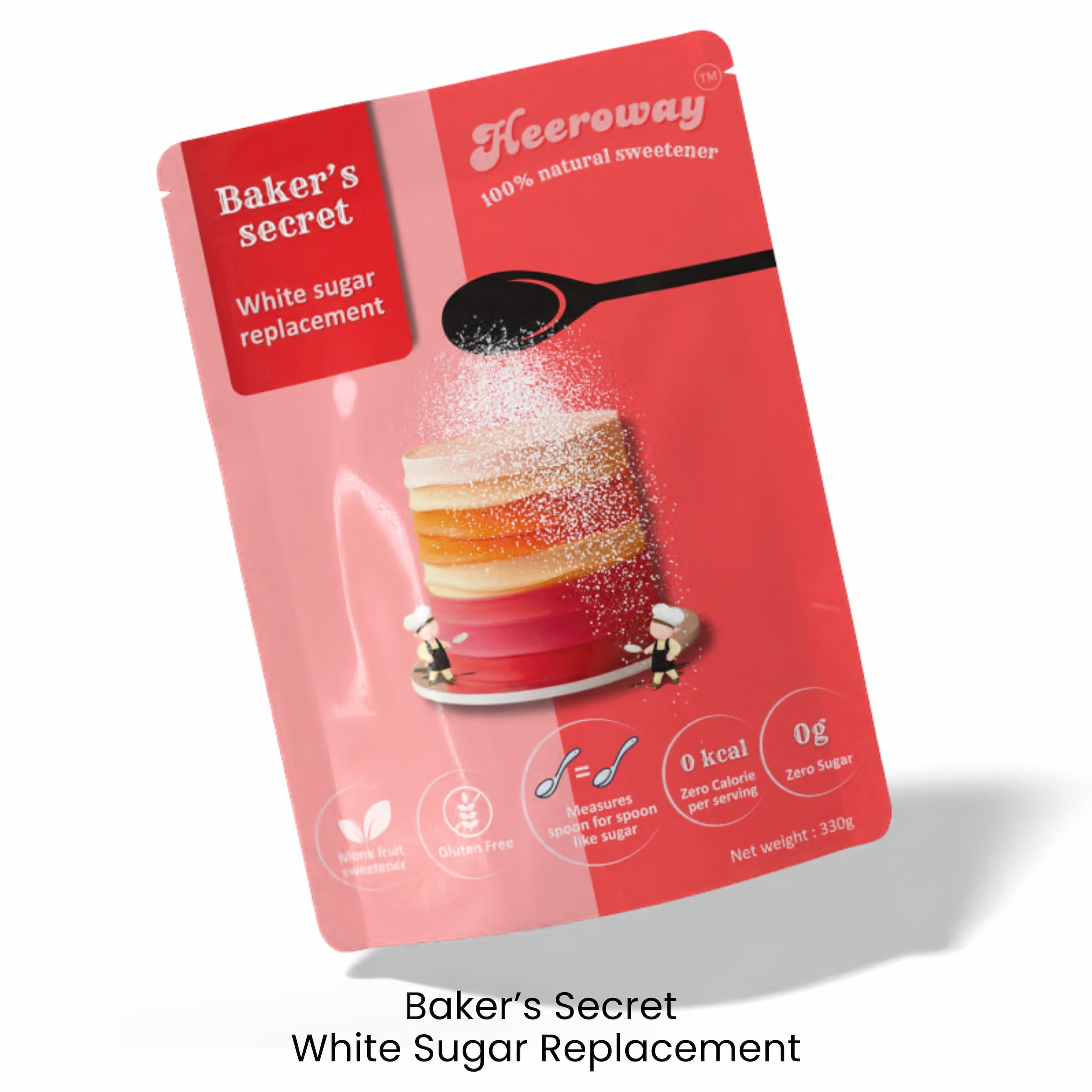 Heeroway Baker’s Secret white sugar replacement pouch, red packaging with pancake illustration, showing zero calorie, zero sugar, and gluten-free benefits, in a recommended list.