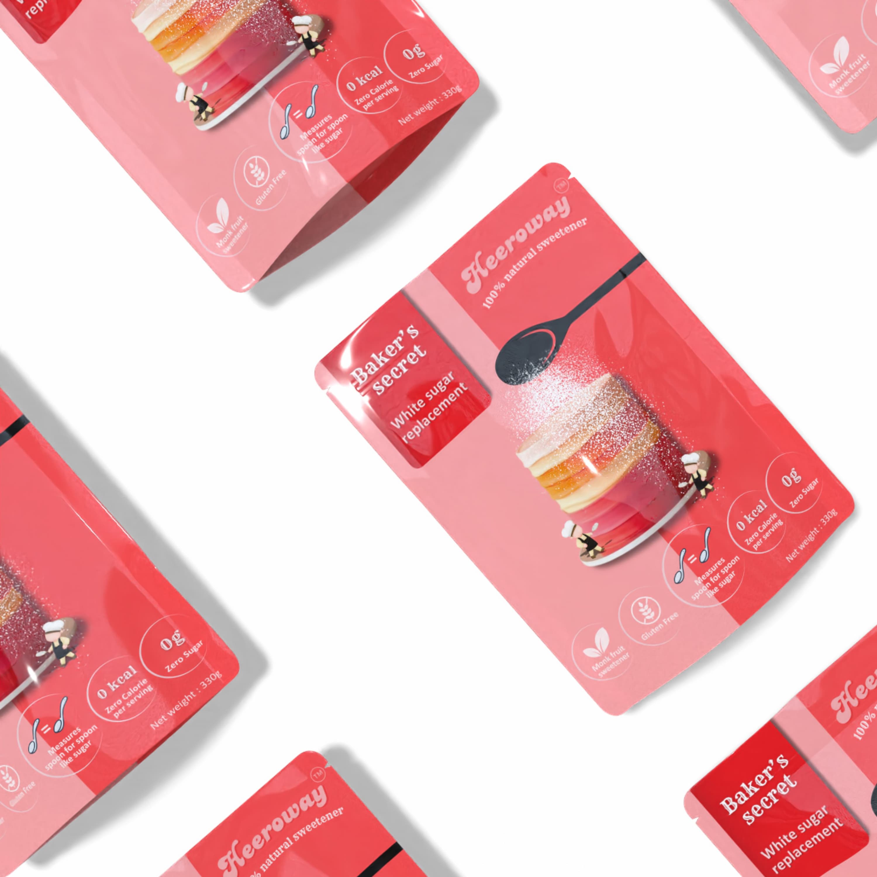 Flat lay display of Baker’s Secret white sugar replacement packaging arranged in a repeating pattern on a white background.