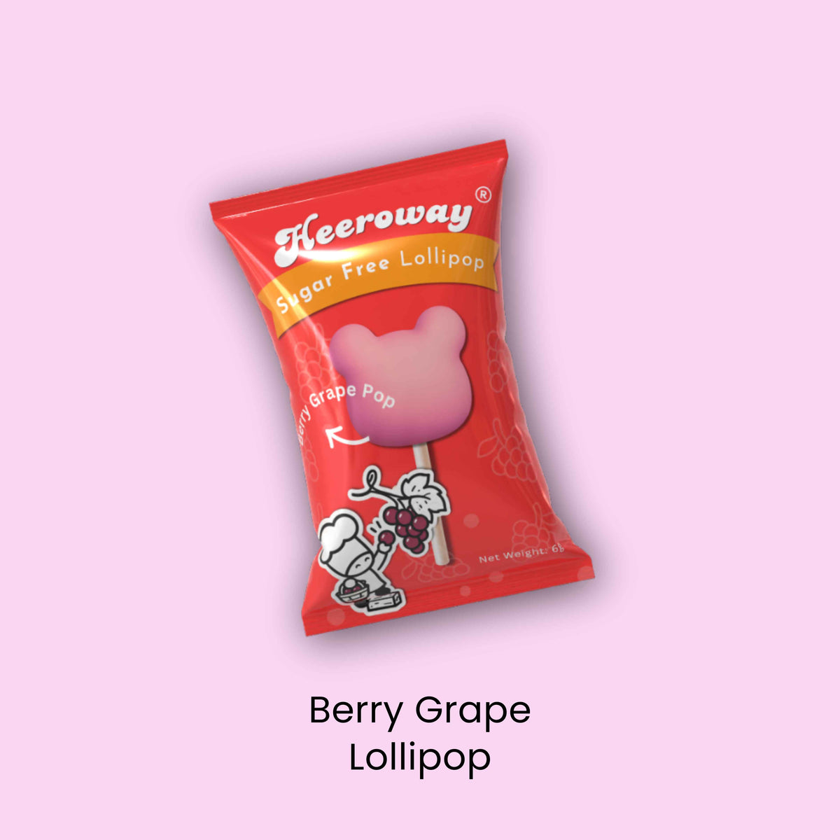 heeroway berry grapę lollipop pillow packaging in light purple background 