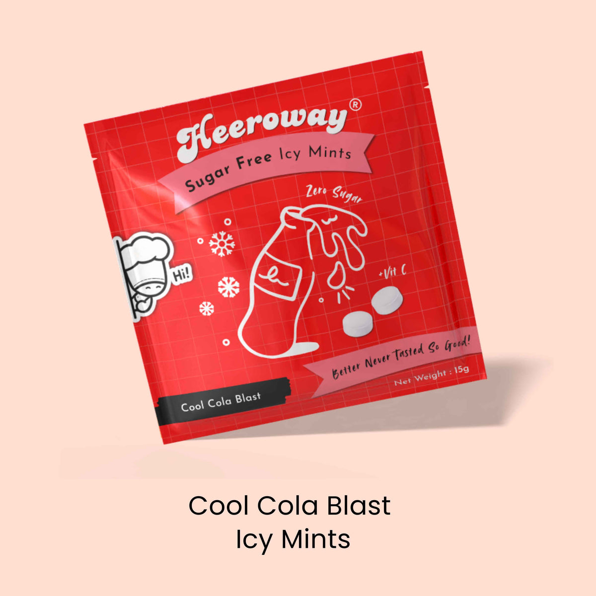 A red packet of Heeroway Cool Cola Blast Sugar Free Icy Mints, shown at an angle on a light peach background with the text 'Cool Cola Blast Icy Mints' underneath.