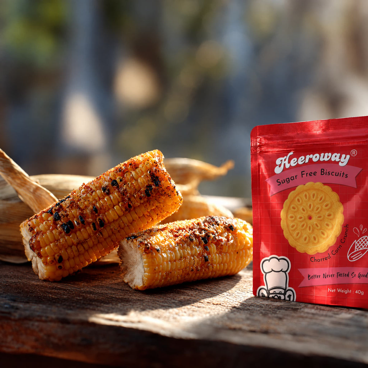 heeroway sugar free charred corn biscuit pouch on a wooden table beside two charred corn