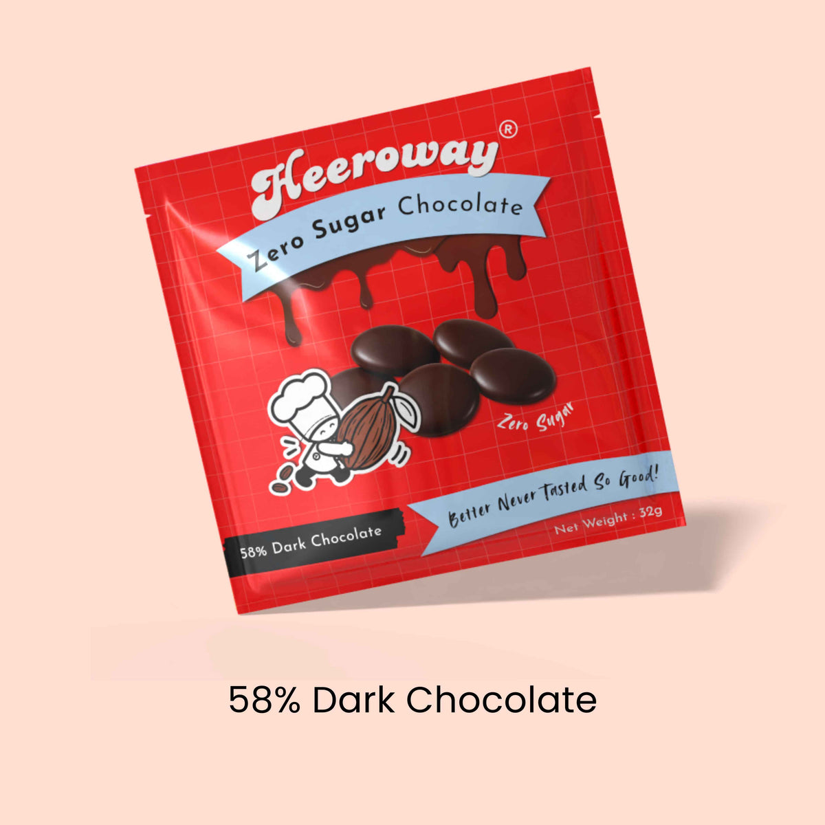 A single packet of Heeroway Zero Sugar Chocolate 58% Dark Chocolate, shown at an angle on a light peach background with the text '58% Dark Chocolate' below for category page.