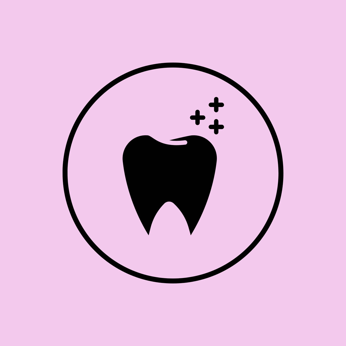 A black icon of a tooth with three small plus signs inside a black circle, centered on a solid light pink background for chocolate collection template for main page.